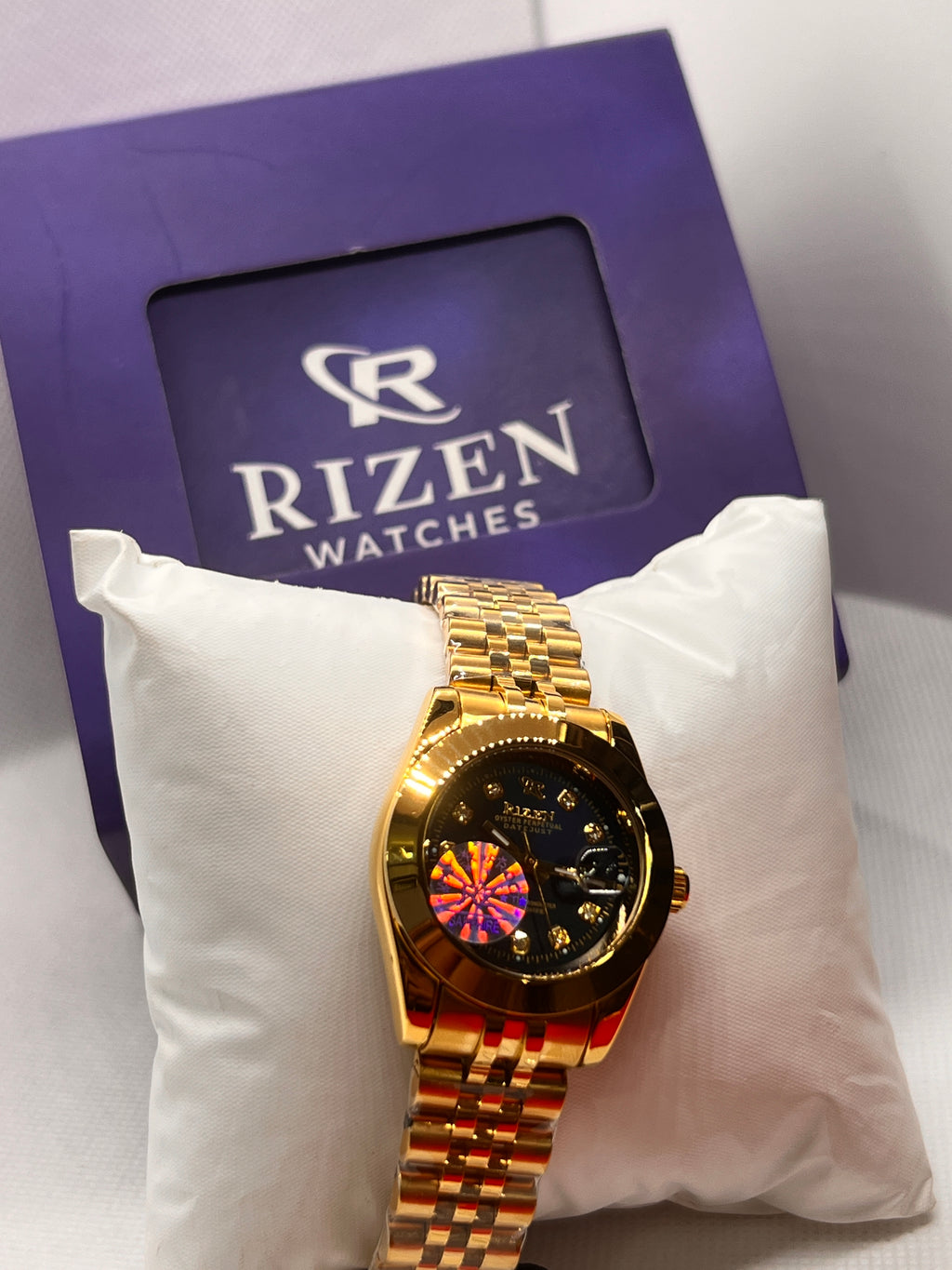 RIZ Crystal Stone-Set Dial Date Quartz Women's Watch