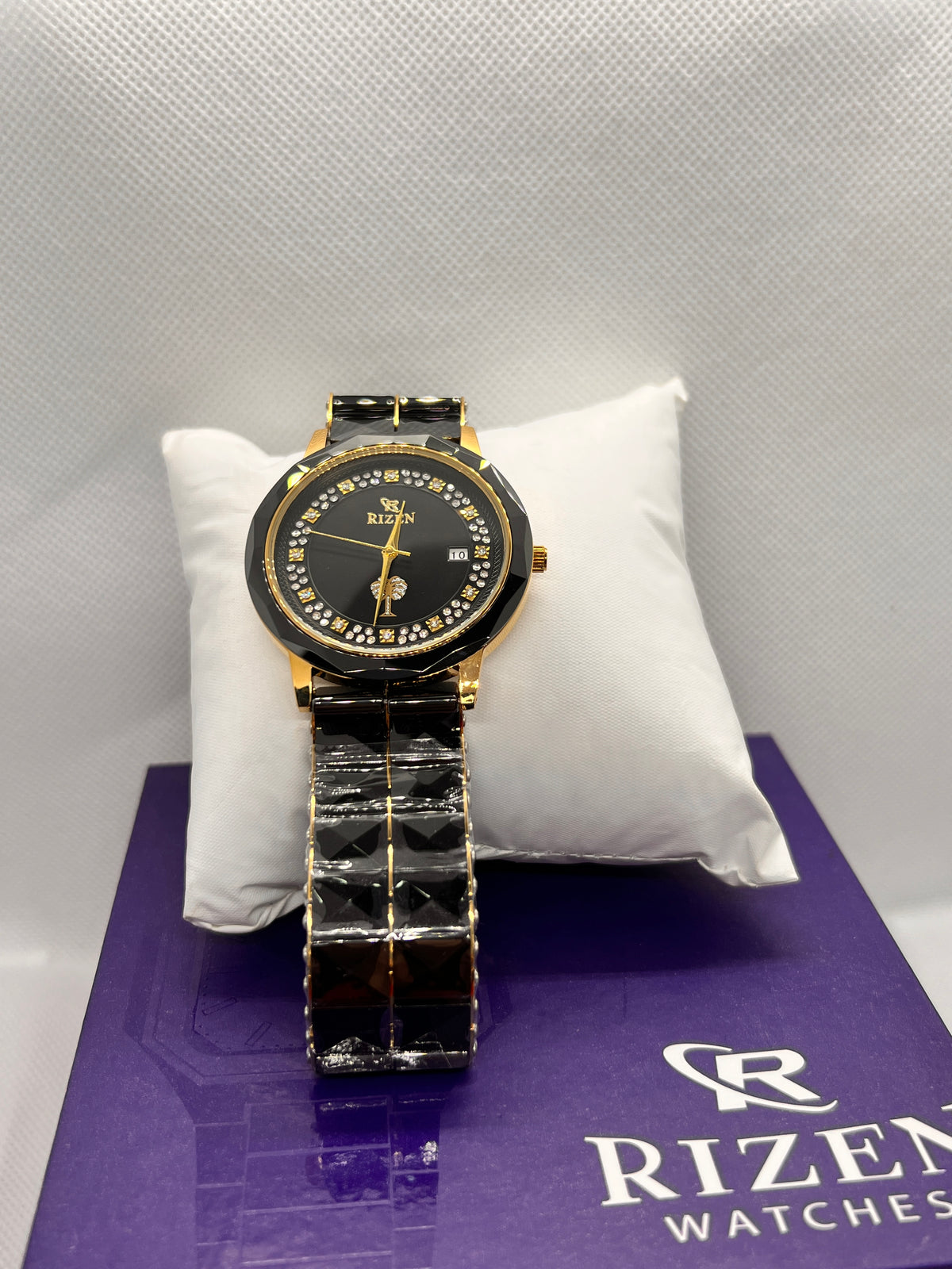 RIZ Ceramic Faceted Crystal Date Quartz Men's Watch