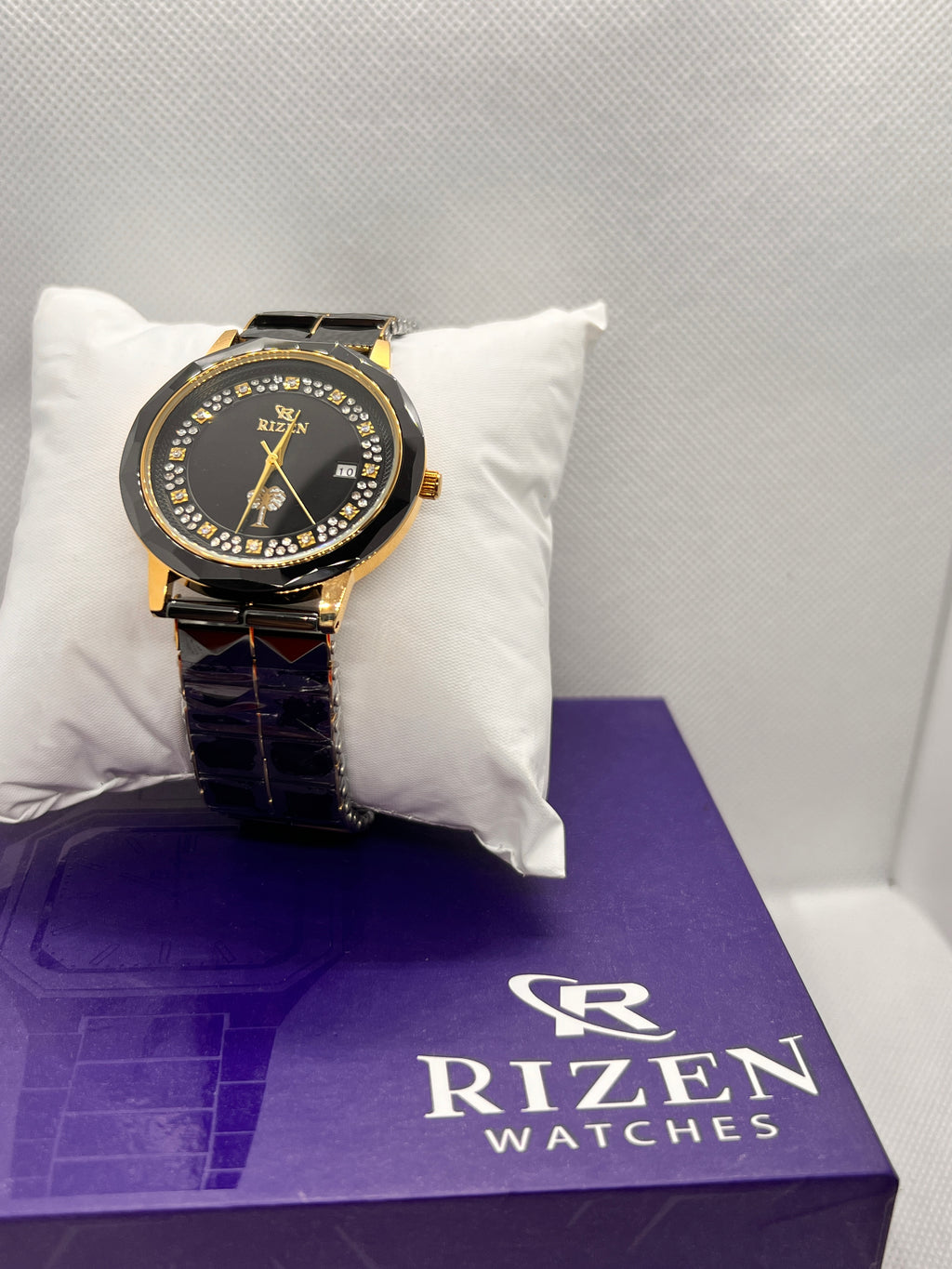 RIZ Ceramic Faceted Crystal Date Quartz Men's Watch