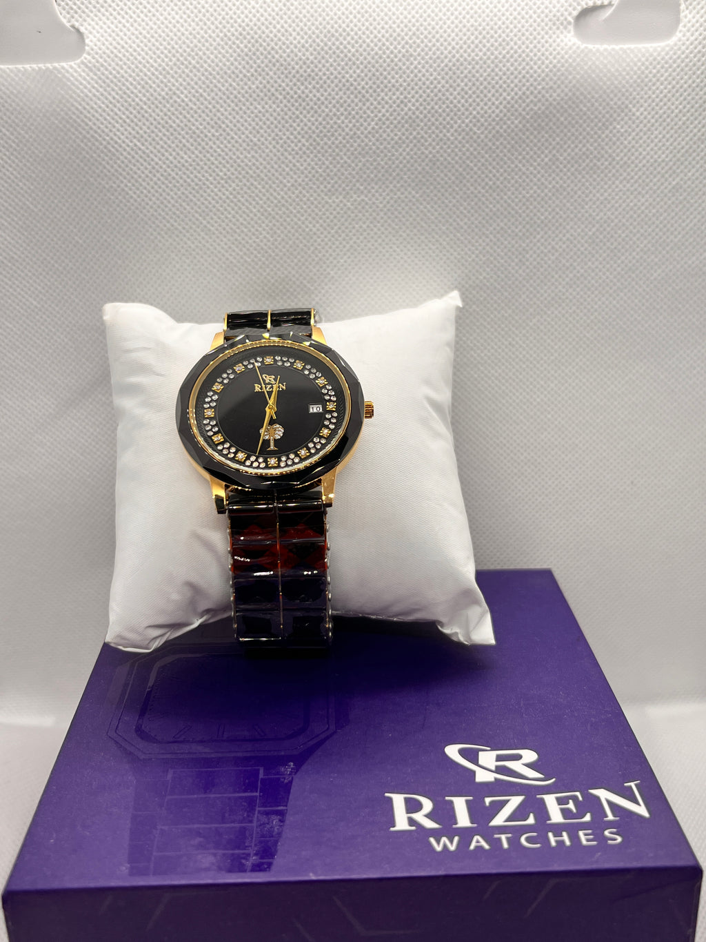 RIZ Ceramic Faceted Crystal Date Quartz Men's Watch