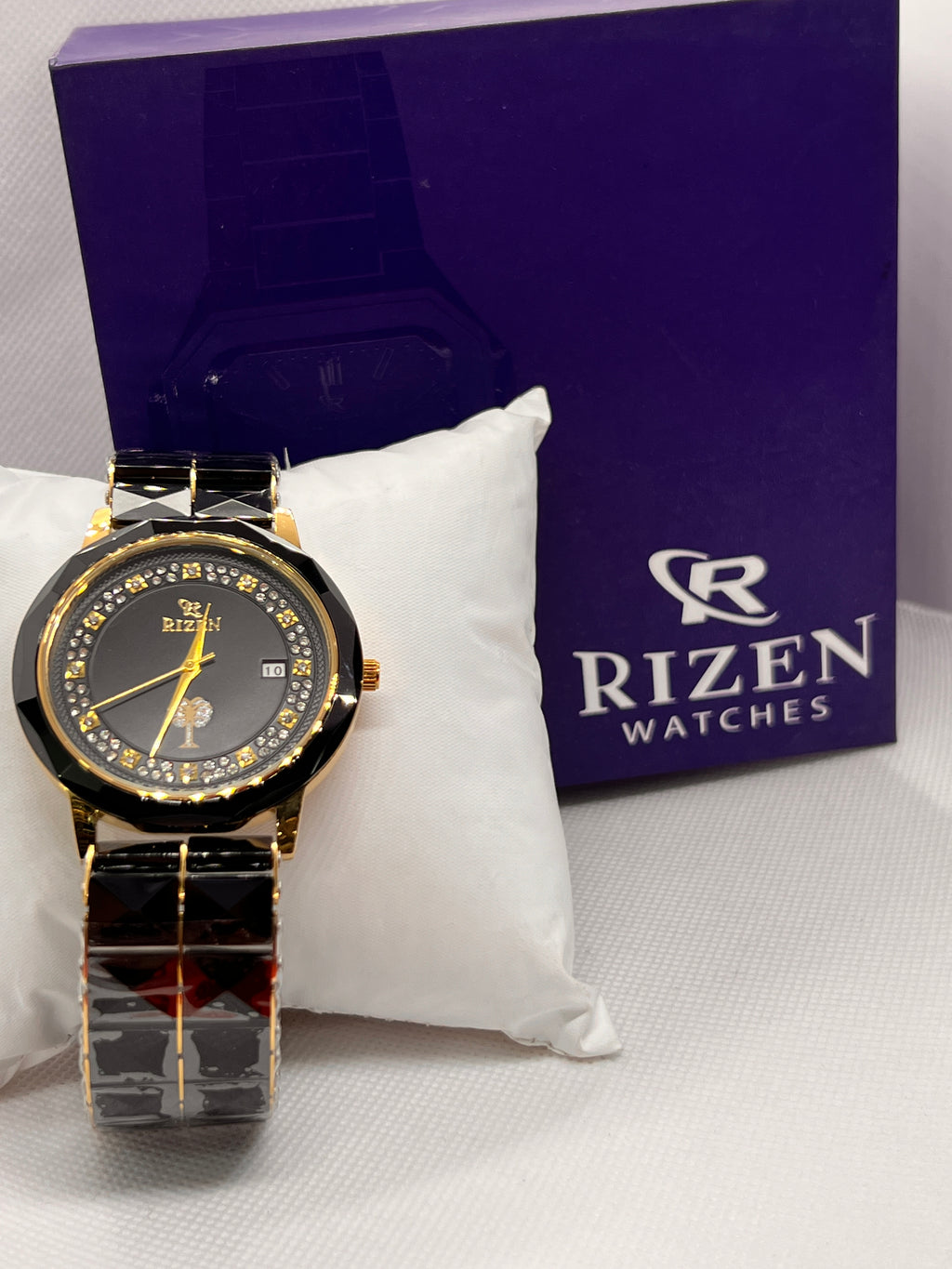 RIZ Ceramic Faceted Crystal Date Quartz Men's Watch