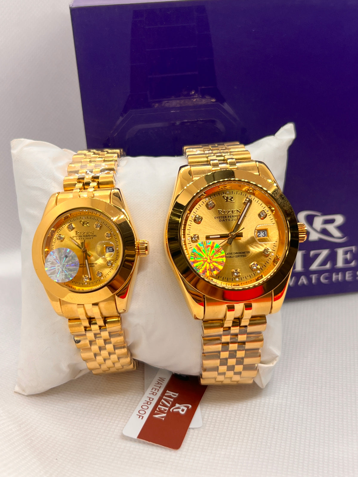 RIZ Couple Watch Set Gold Stone-Set His & Her Pair