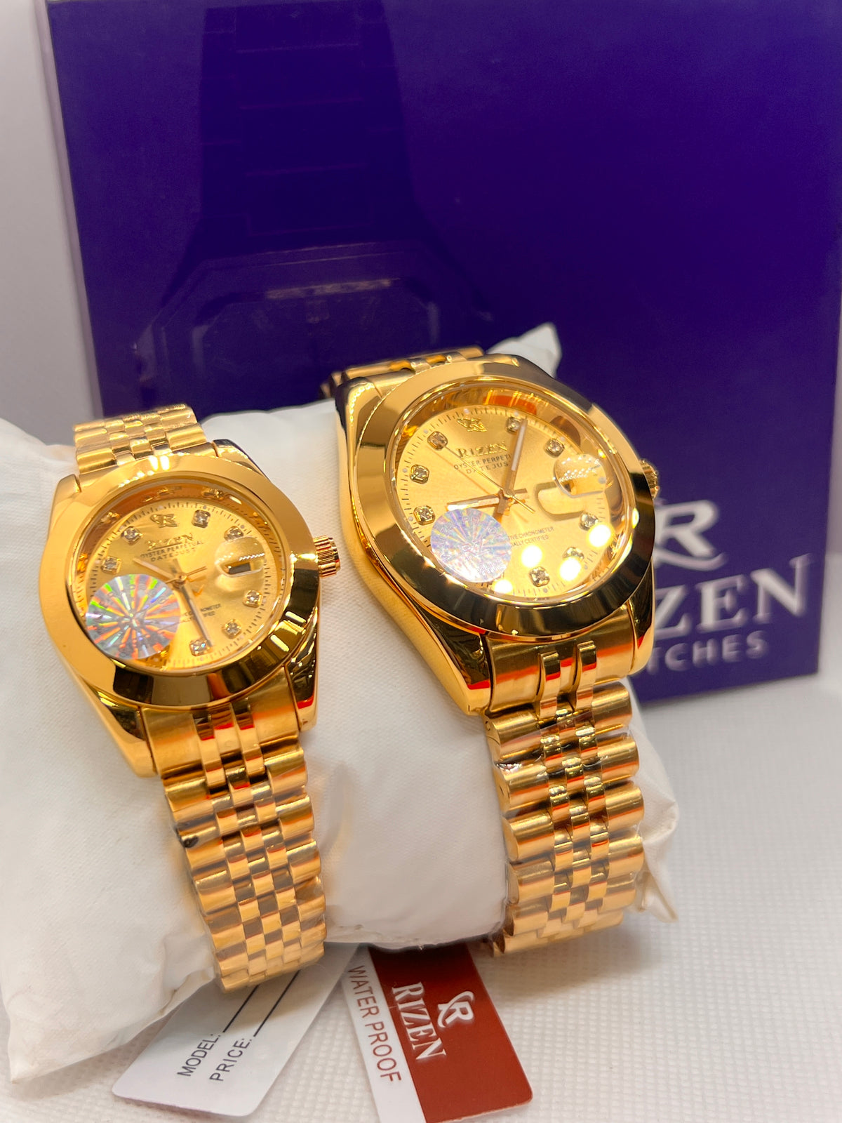 RIZ Couple Watch Set Gold Stone-Set His & Her Pair