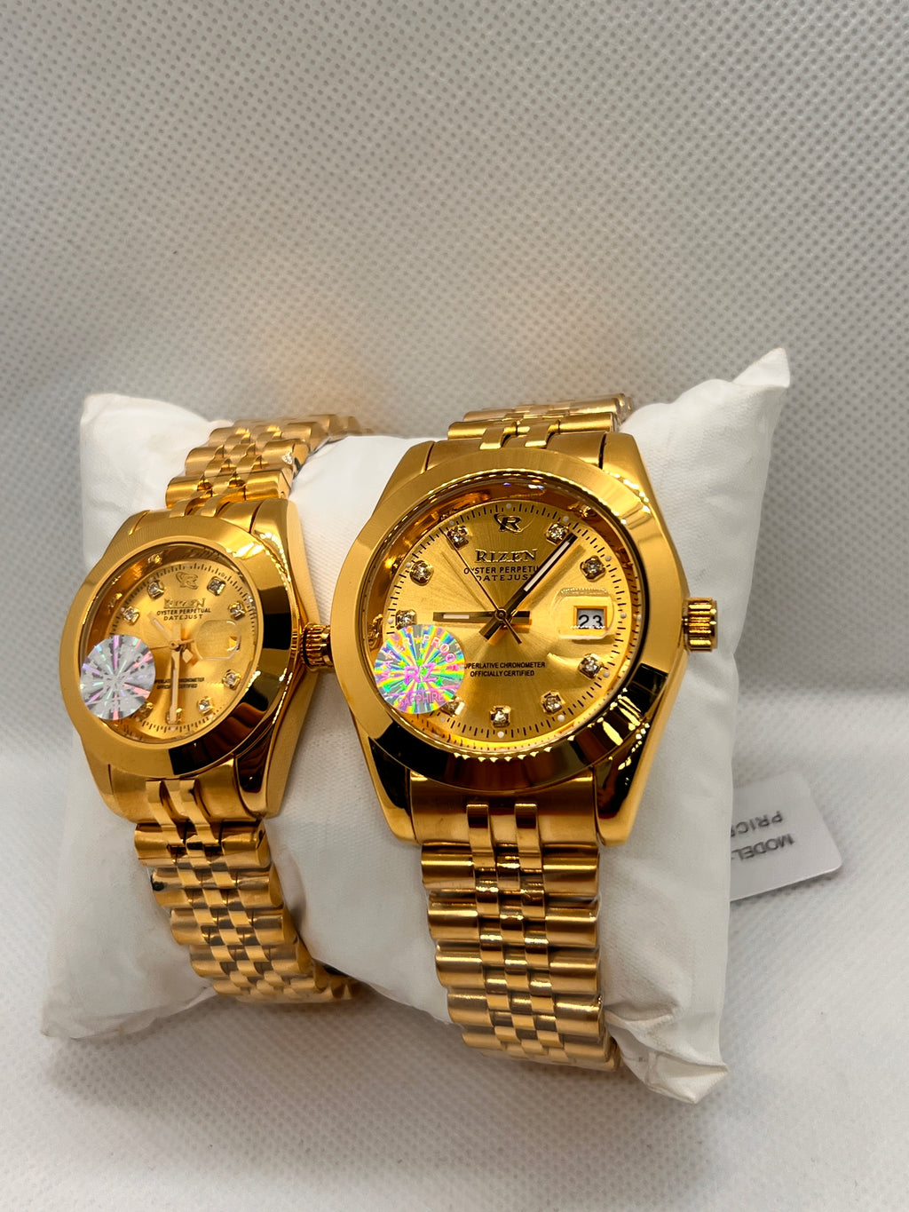 RIZ Couple Watch Set Gold Stone-Set His & Her Pair