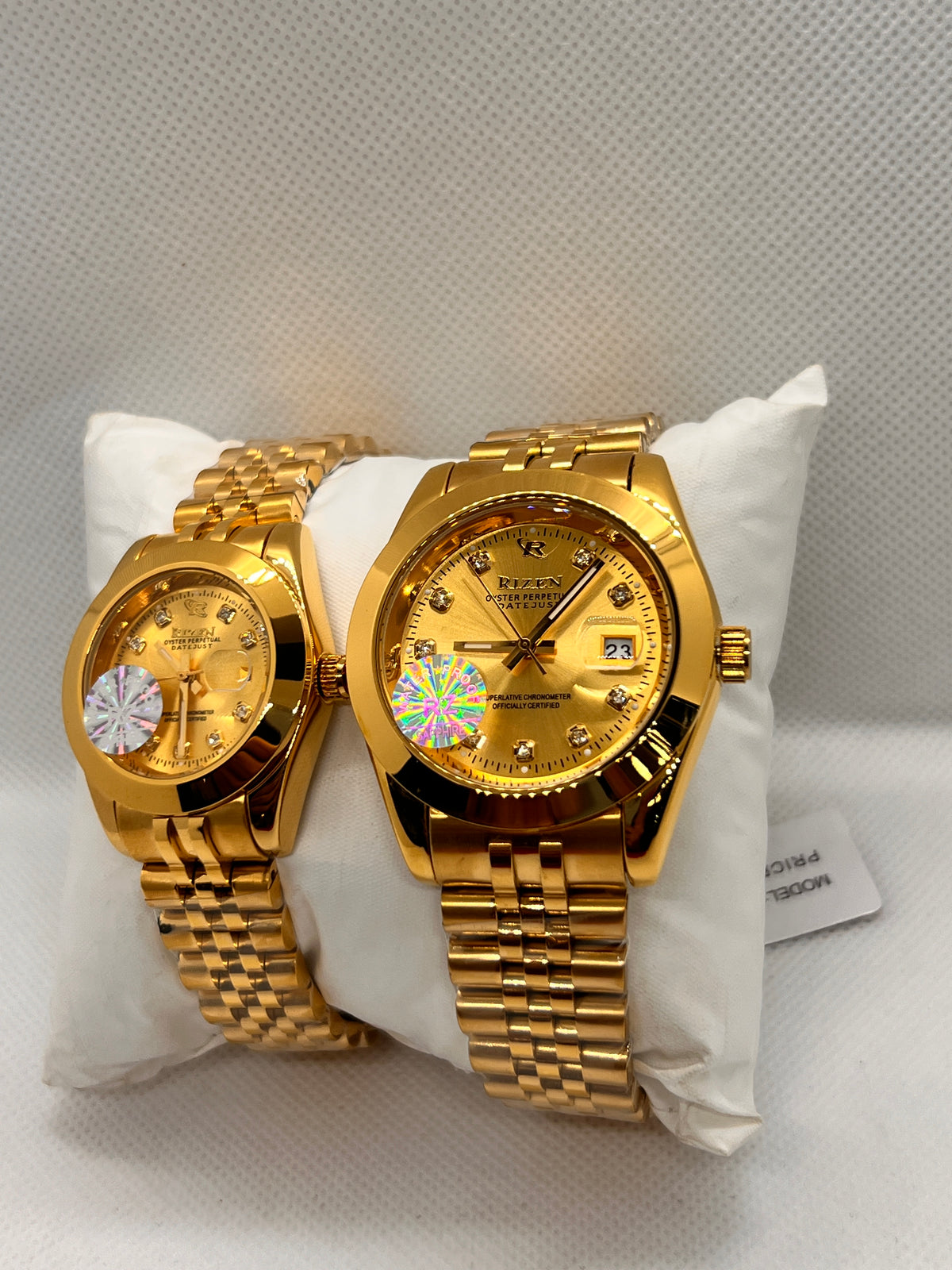 RIZ Couple Watch Set Gold Stone-Set His & Her Pair