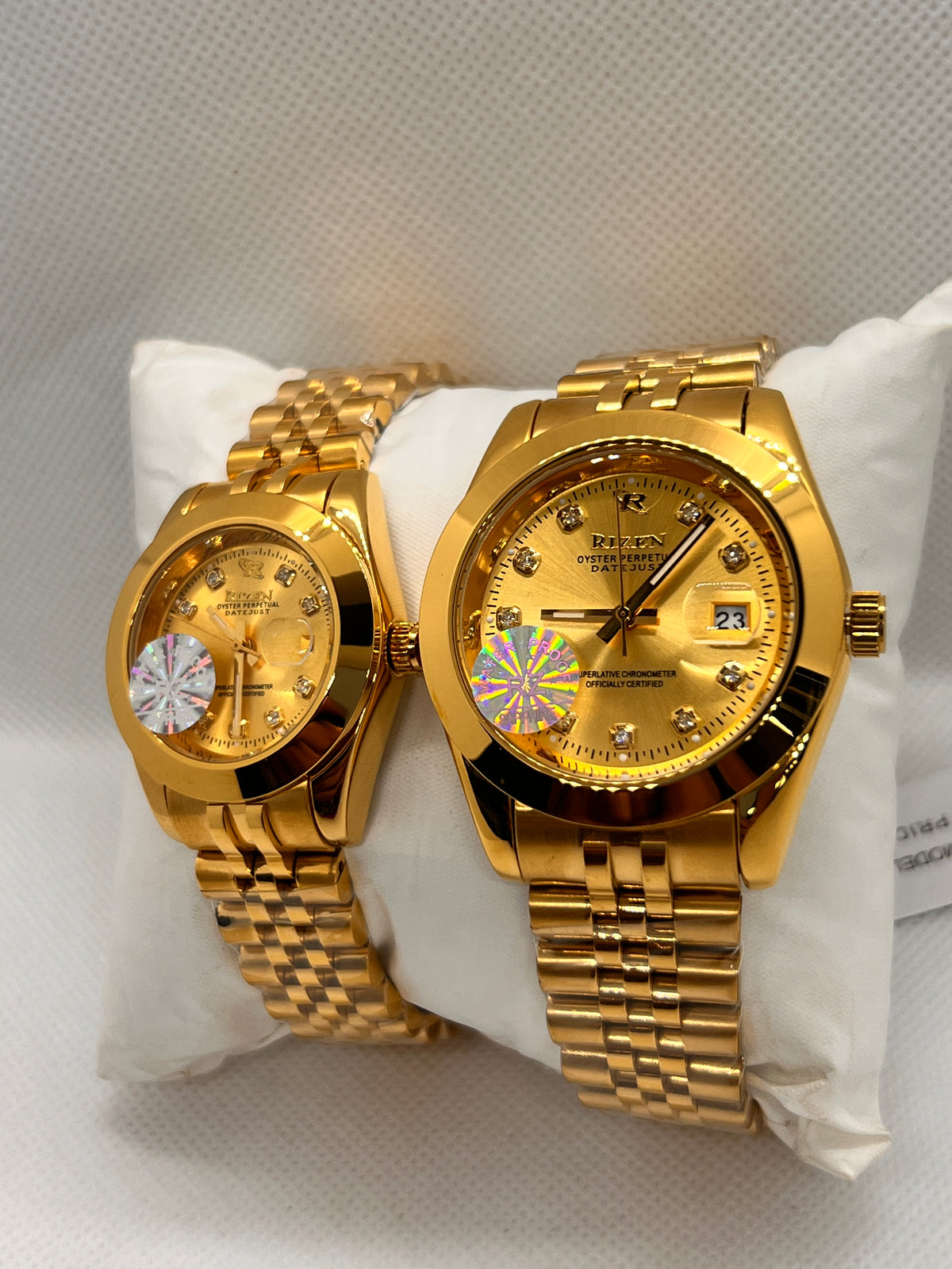 RIZ Couple Watch Set Gold Stone-Set His & Her Pair