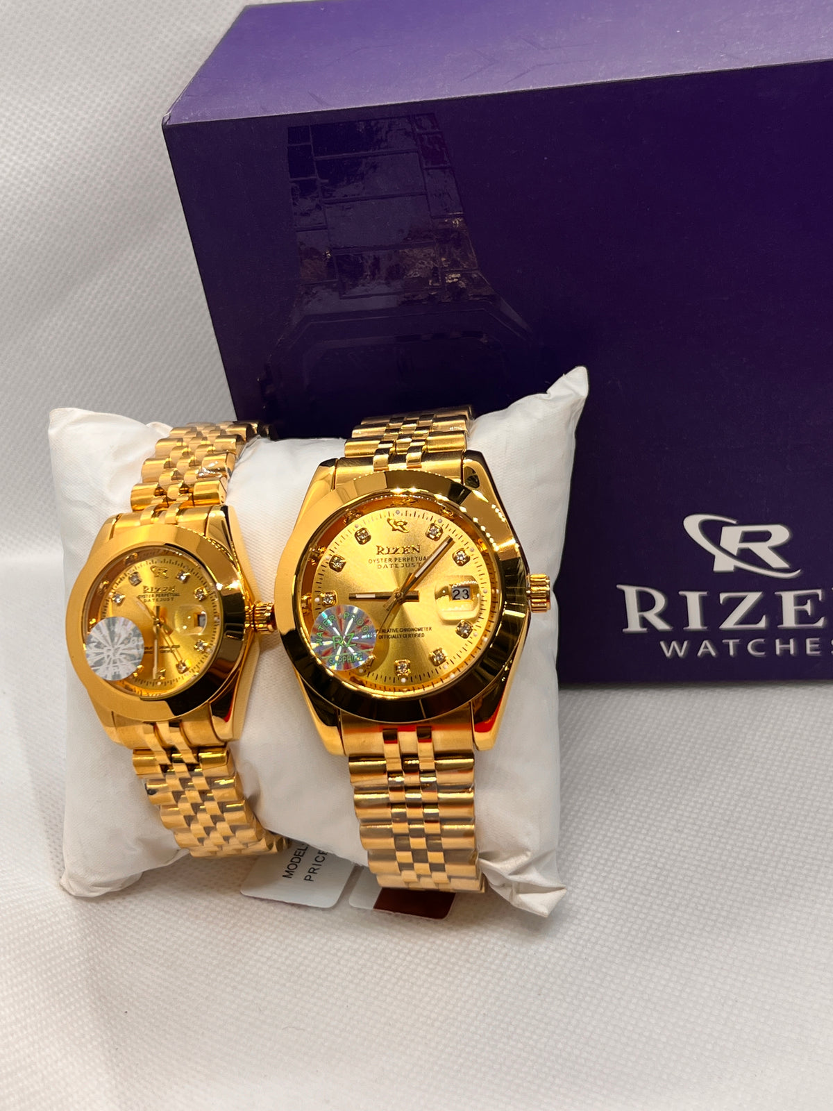 RIZ Couple Watch Set Gold Stone-Set His & Her Pair