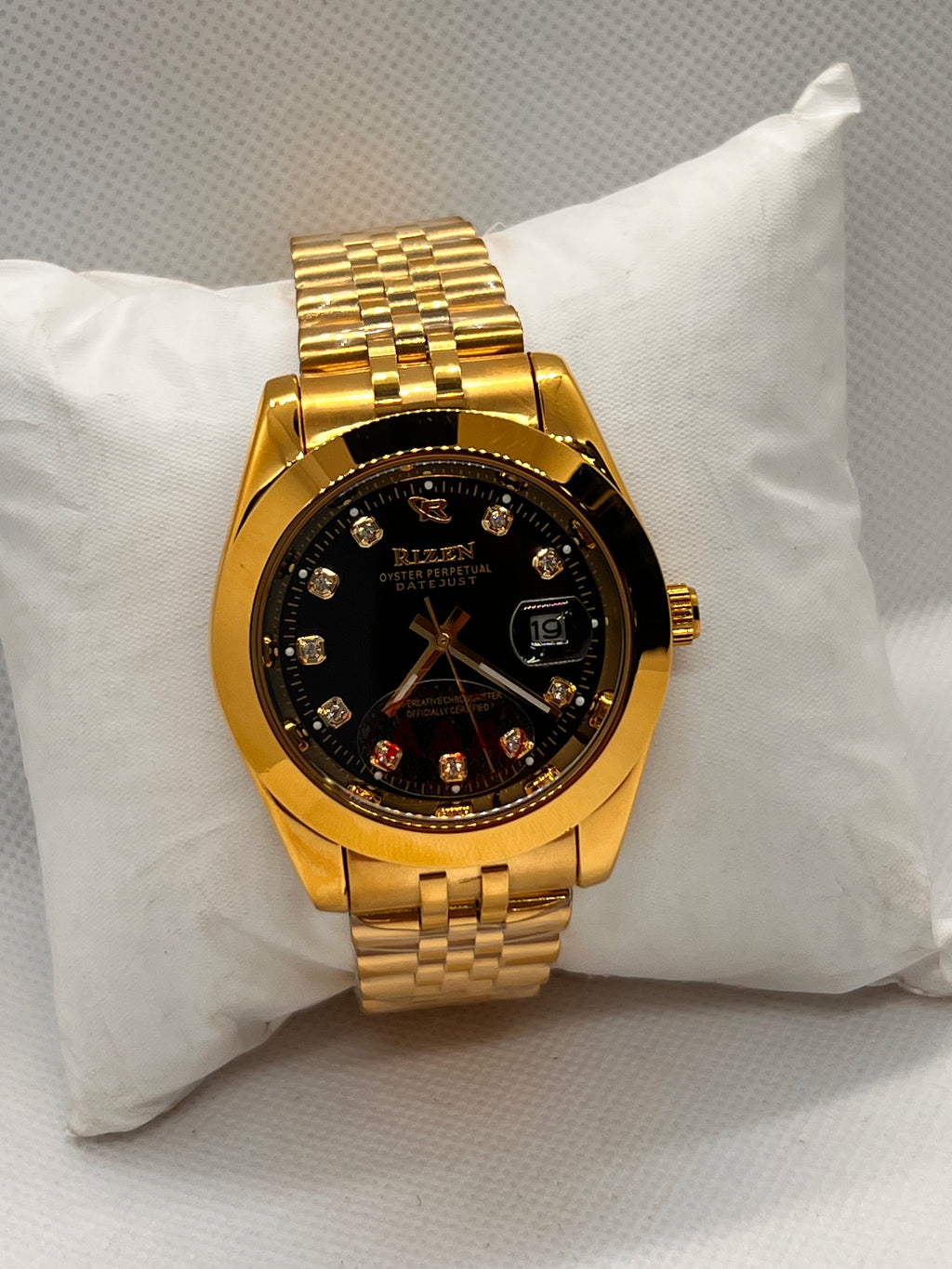 RIZ Gold Black Dial Stone-Set Date Men's Watch