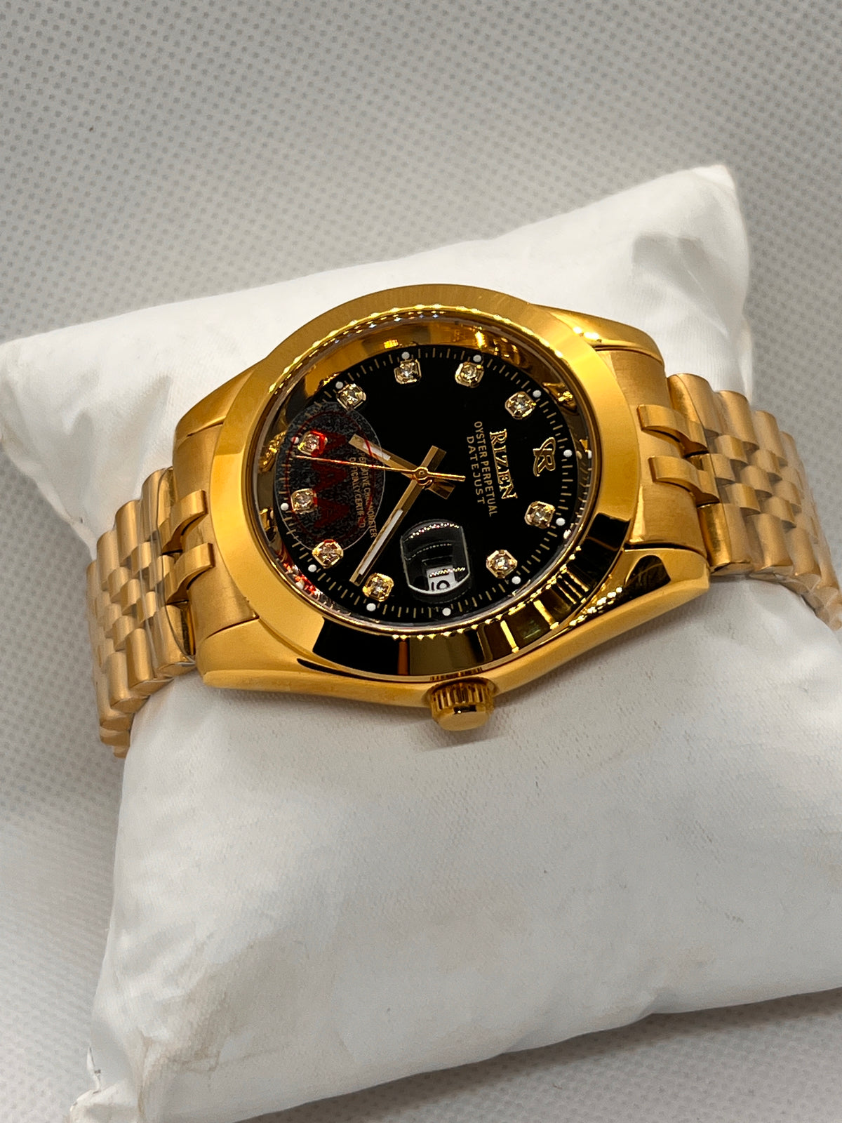 RIZ Gold Black Dial Stone-Set Date Men's Watch