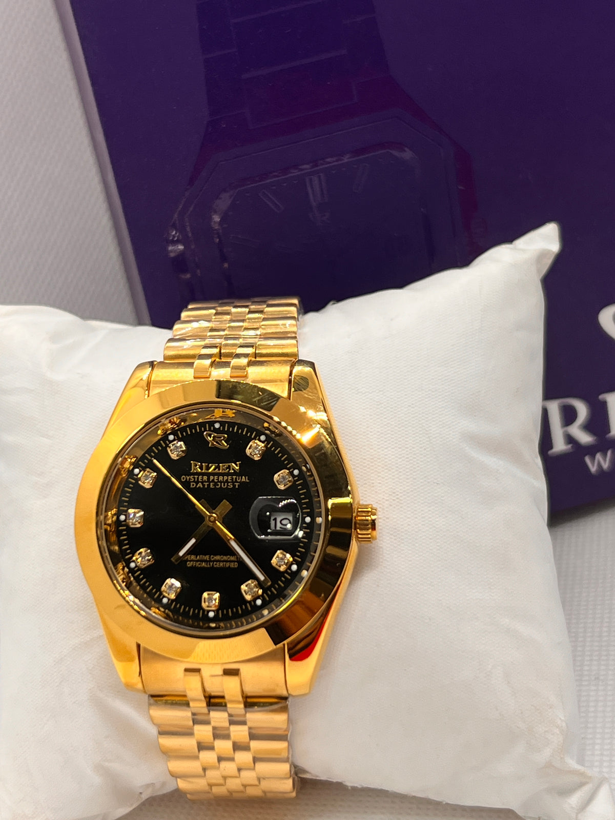 RIZ Gold Black Dial Stone-Set Date Men's Watch