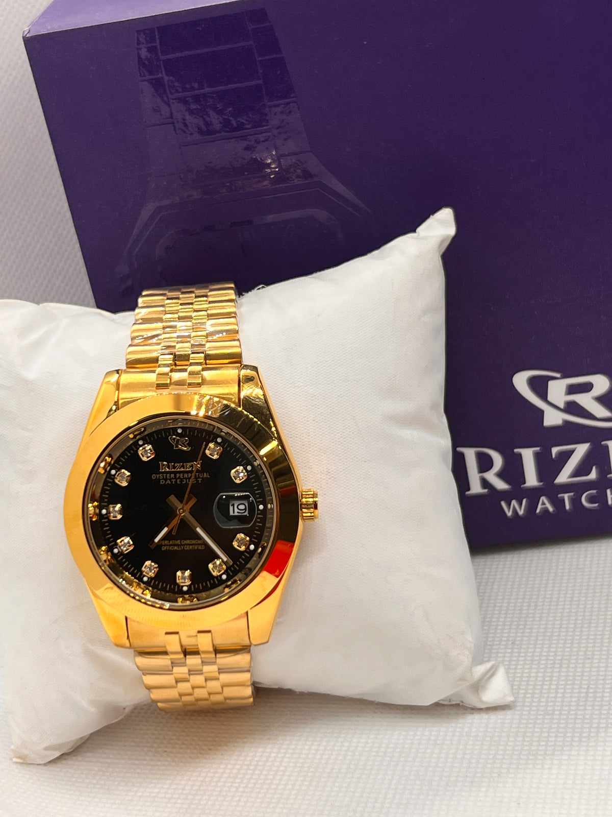 RIZ Gold Black Dial Stone-Set Date Men's Watch