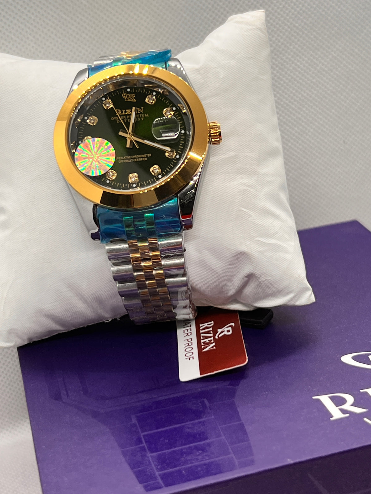 RIZ Two-Tone Gold Steel Stone-Set Date Men's Watch