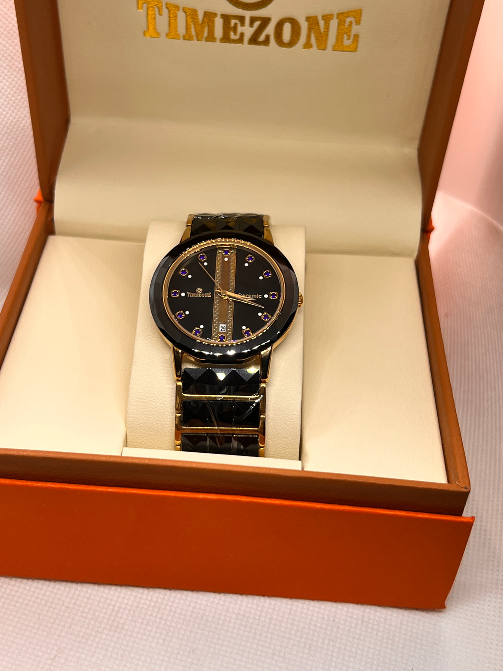 TMZ Ceramic Gold Faceted Stone-Set Date Men's Watch