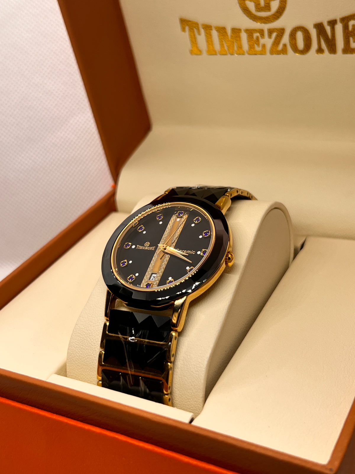 TMZ Ceramic Gold Faceted Stone-Set Date Men's Watch