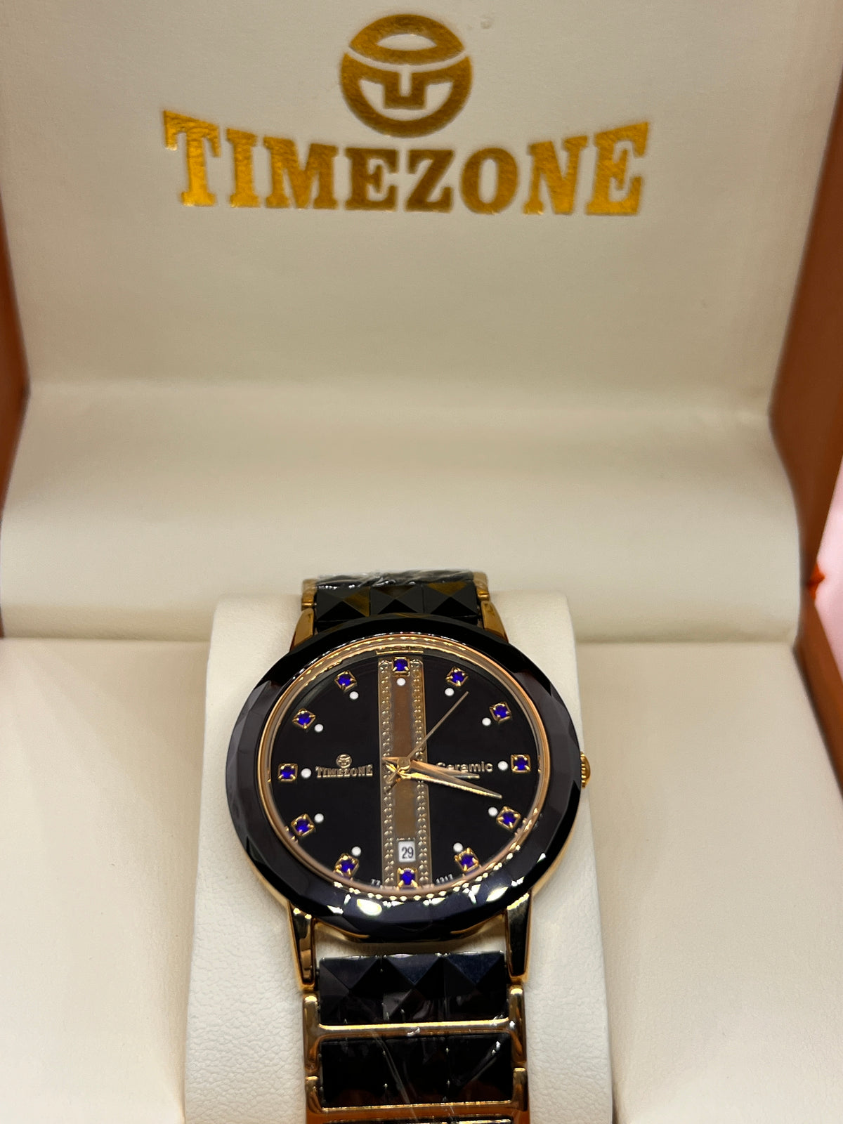 TMZ Ceramic Gold Faceted Stone-Set Date Men's Watch