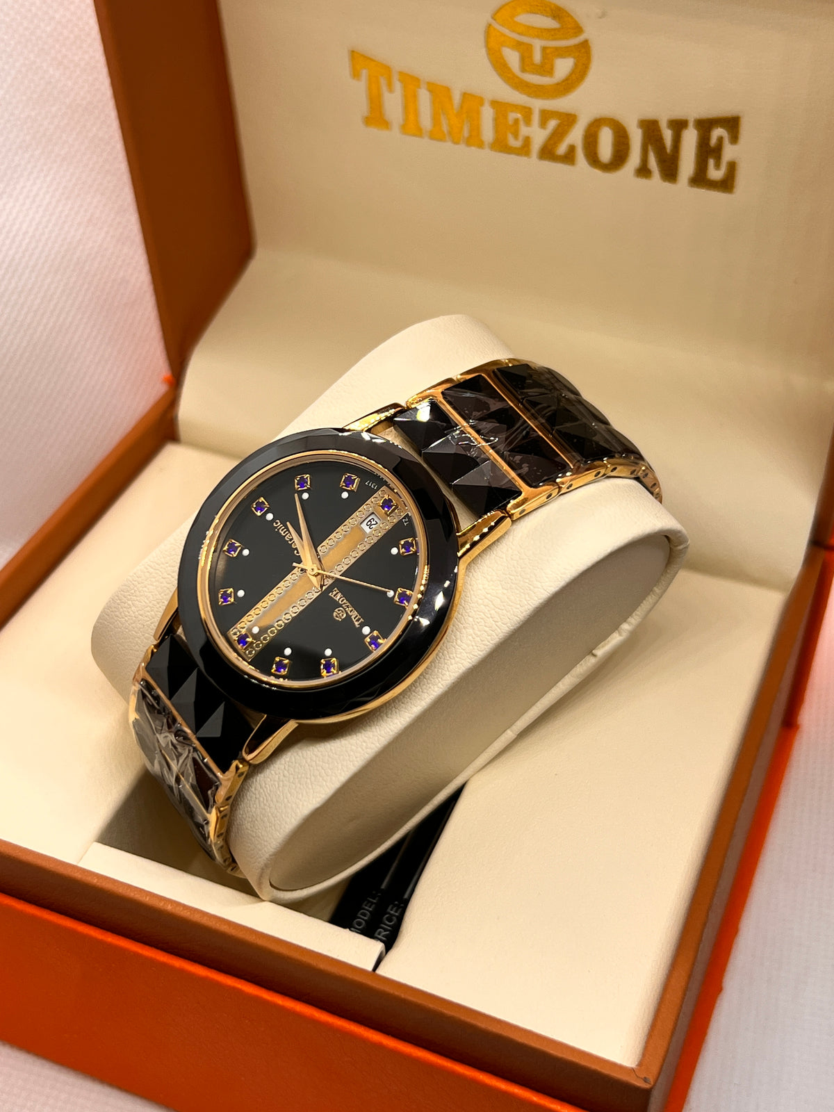 TMZ Ceramic Gold Faceted Stone-Set Date Men's Watch
