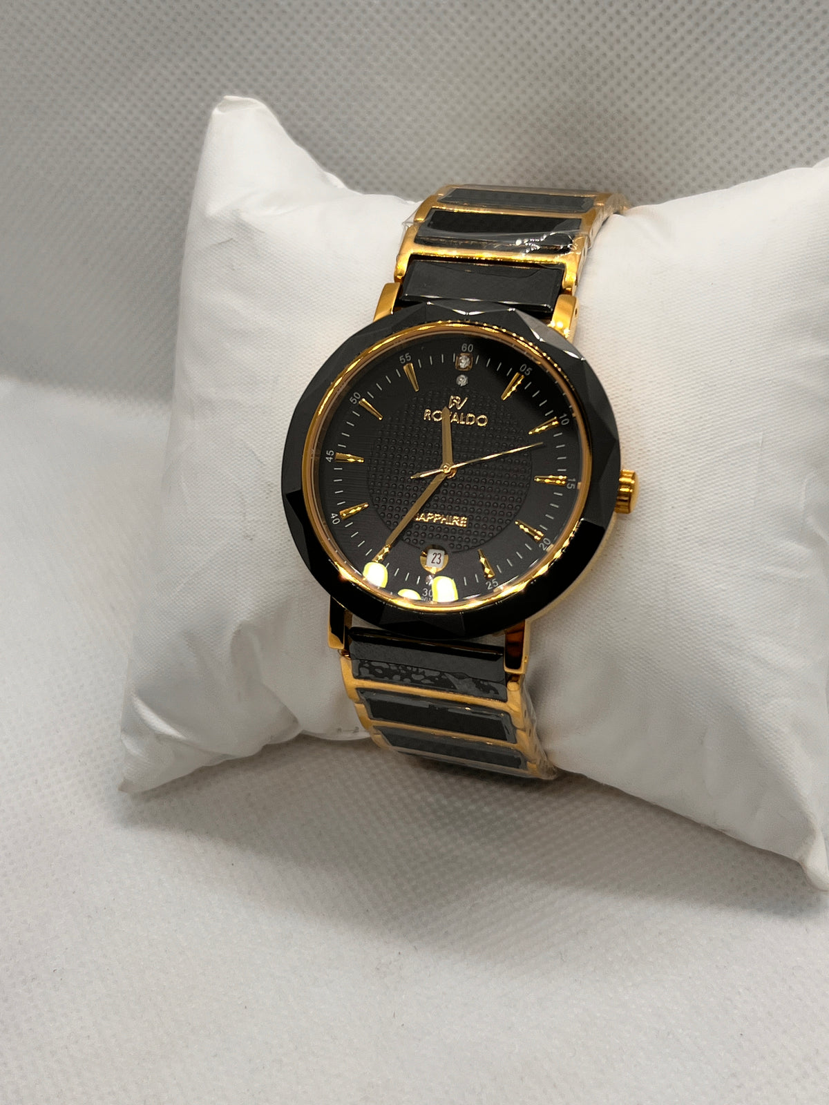 RVD Sapphire Black Gold Faceted Bezel Date Men's Watch