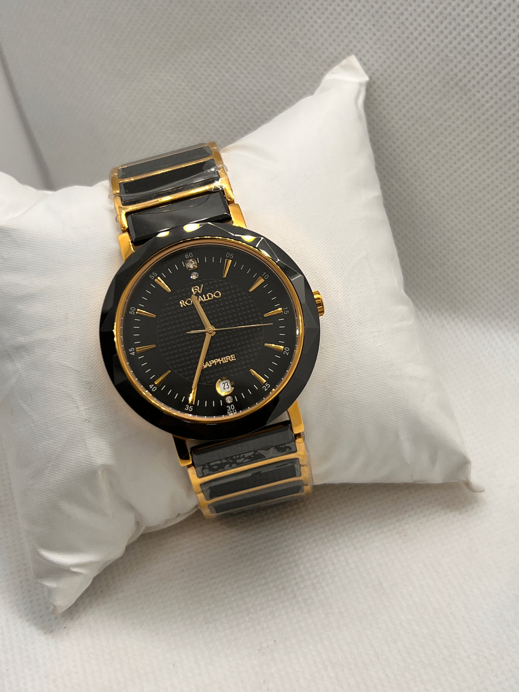 RVD Sapphire Black Gold Faceted Bezel Date Men's Watch