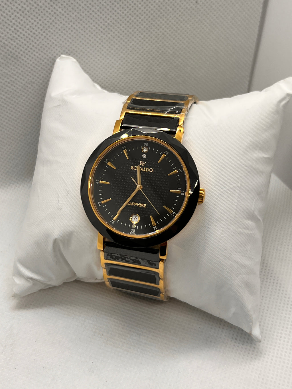 RVD Sapphire Black Gold Faceted Bezel Date Men's Watch