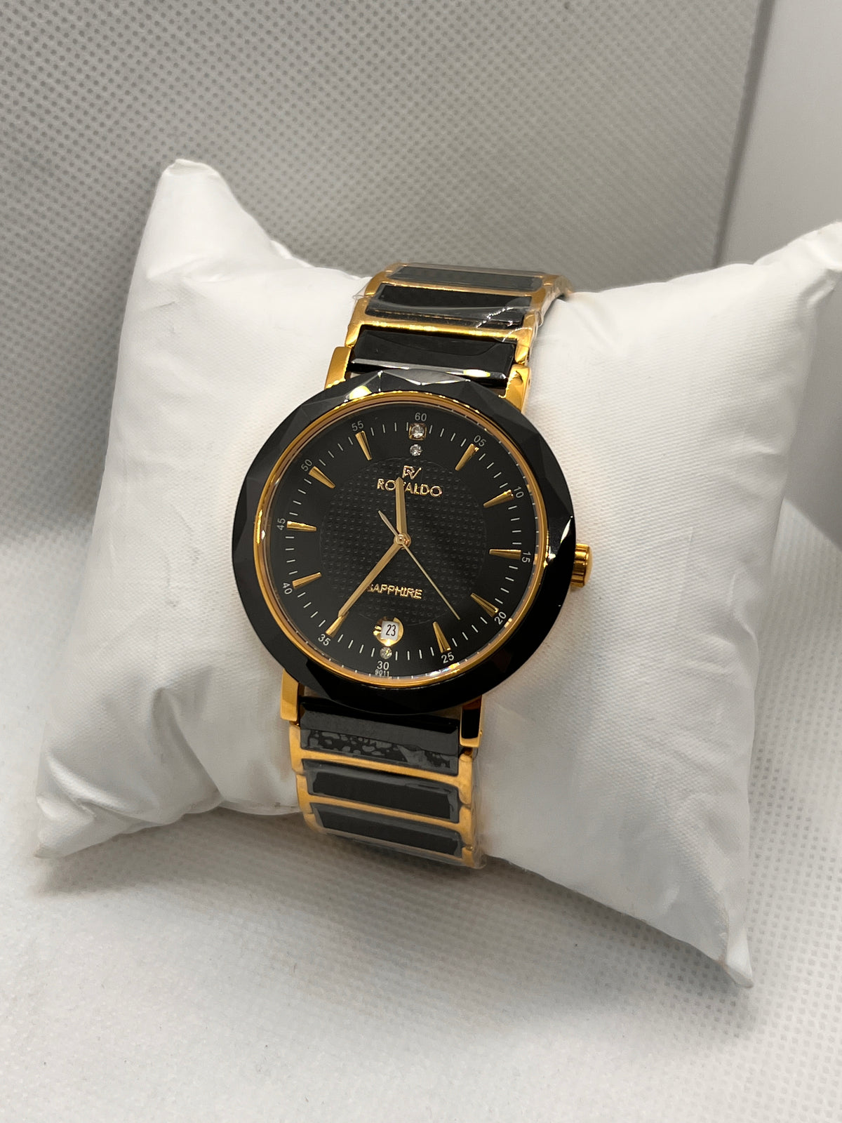 RVD Sapphire Black Gold Faceted Bezel Date Men's Watch