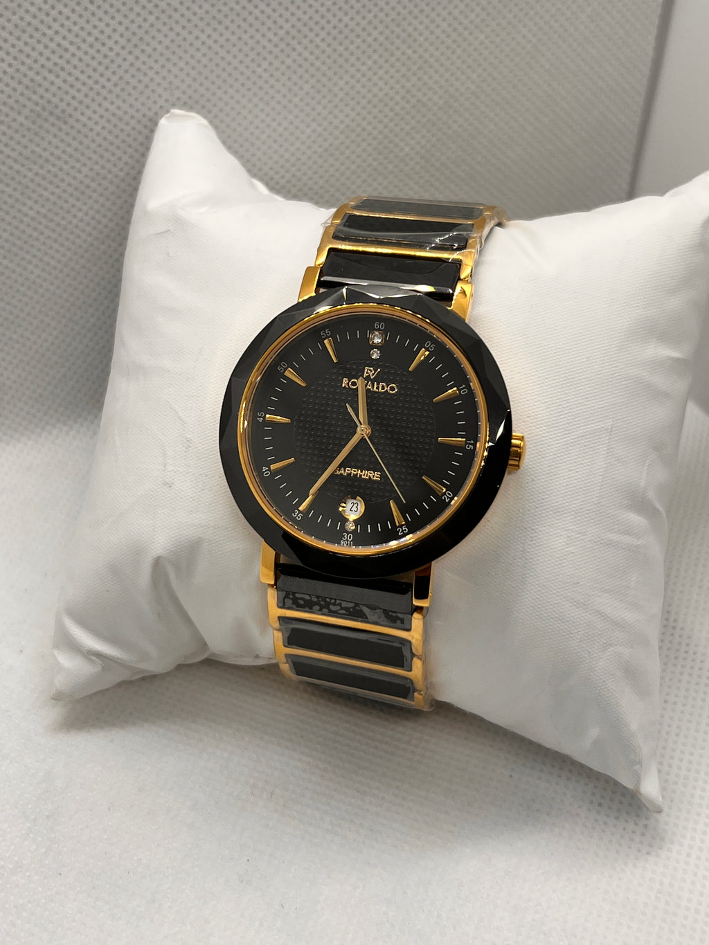 RVD Sapphire Black Gold Faceted Bezel Date Men's Watch