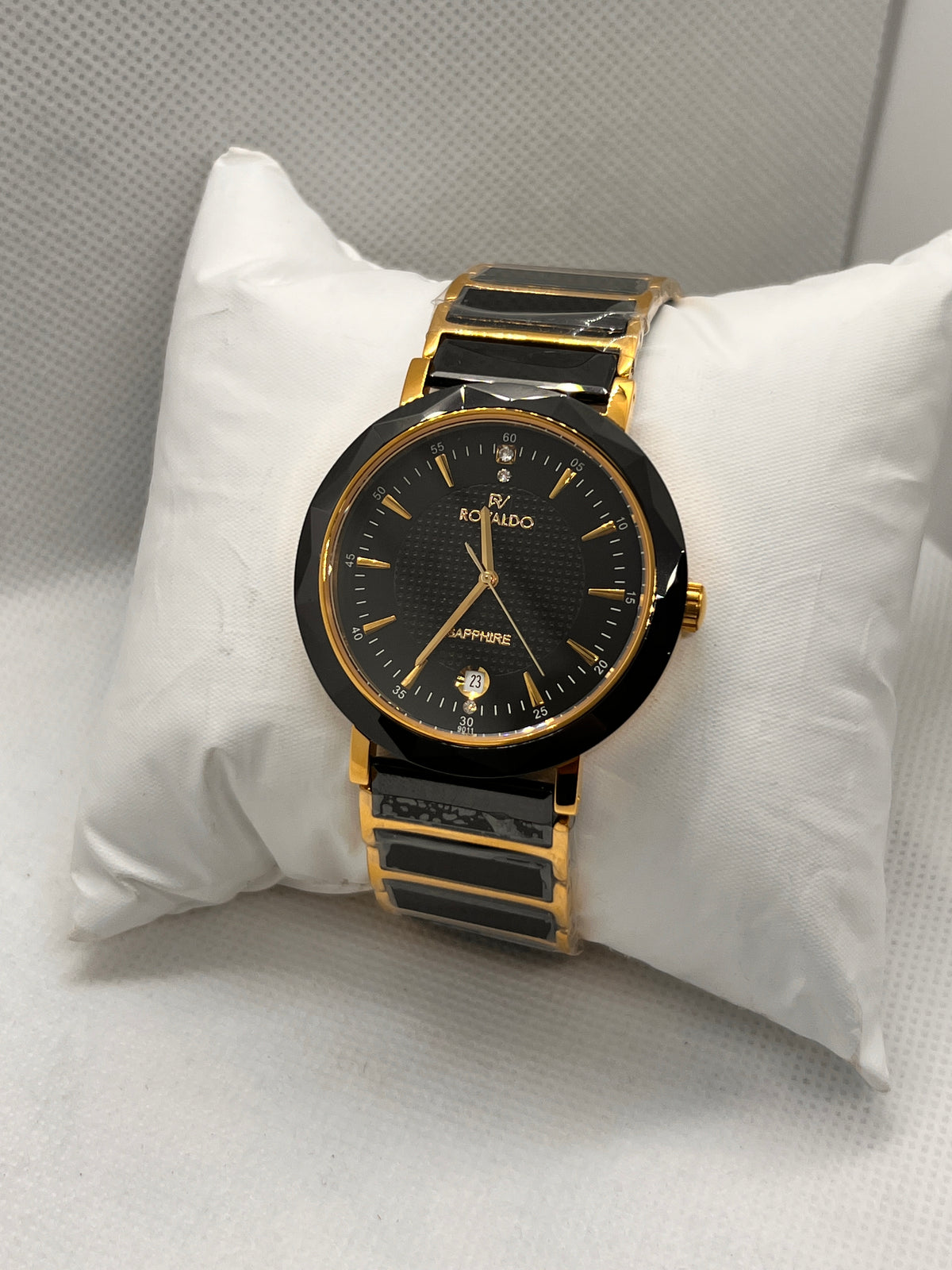 RVD Sapphire Black Gold Faceted Bezel Date Men's Watch