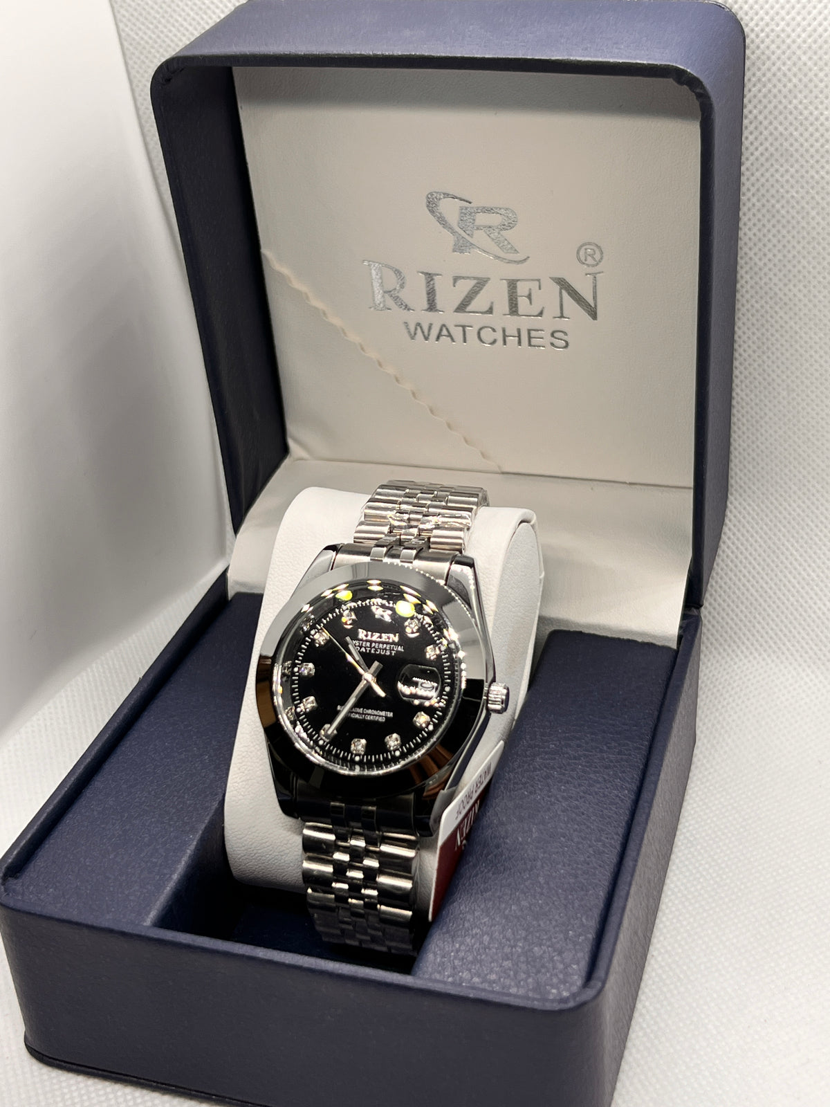 RIZ Stainless Steel Stone-Set Date Quartz Men's Watch