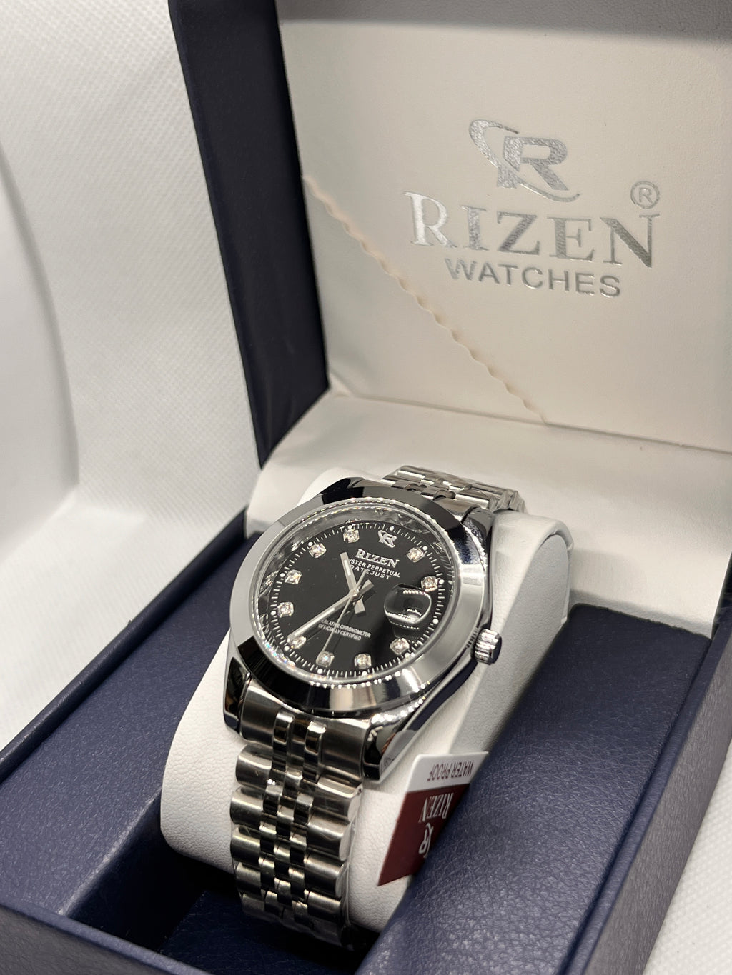 RIZ Stainless Steel Stone-Set Date Quartz Men's Watch
