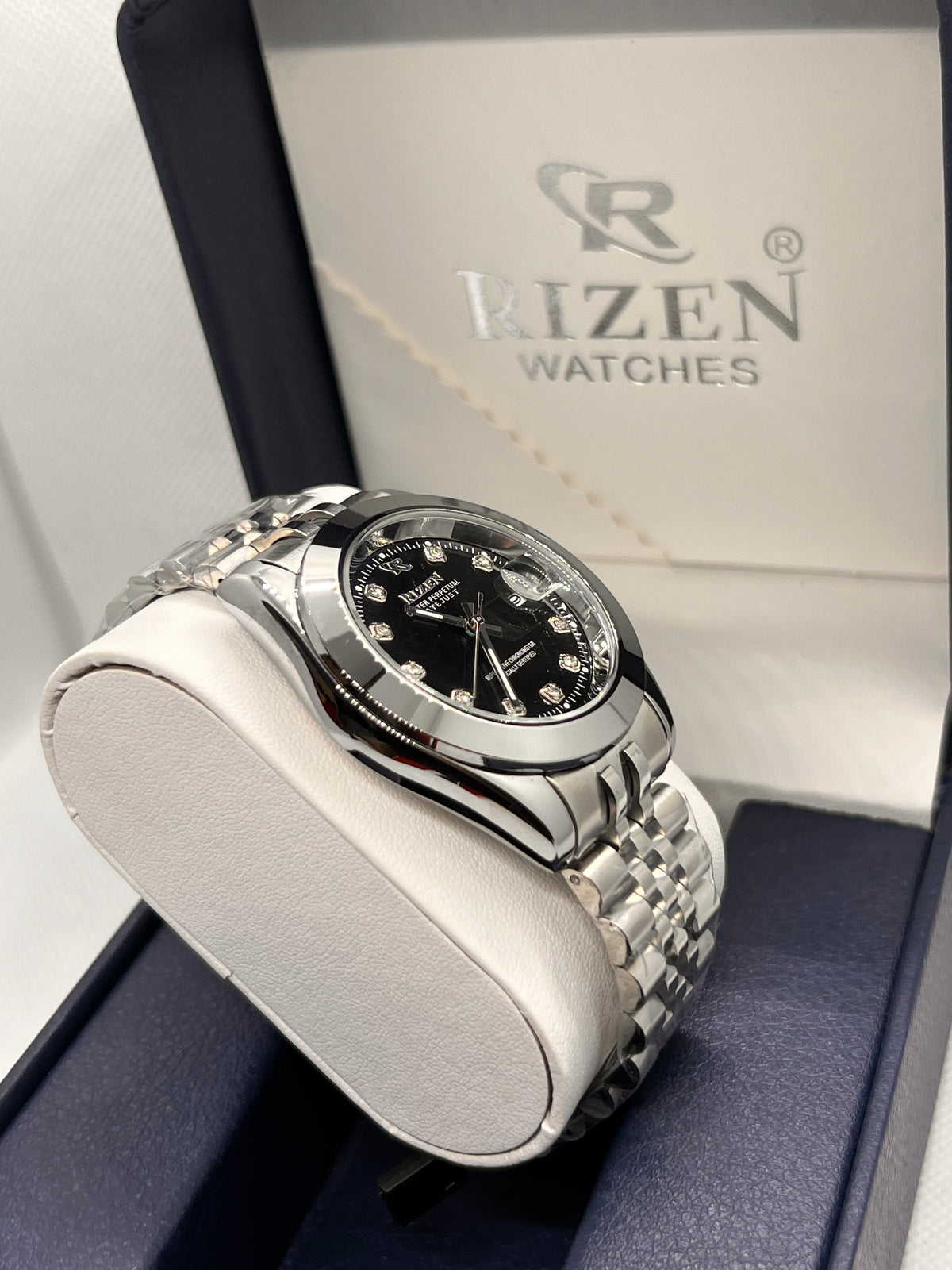 RIZ Stainless Steel Stone-Set Date Quartz Men's Watch