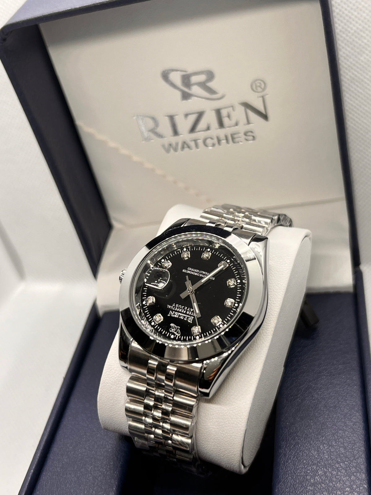 RIZ Stainless Steel Stone-Set Date Quartz Men's Watch