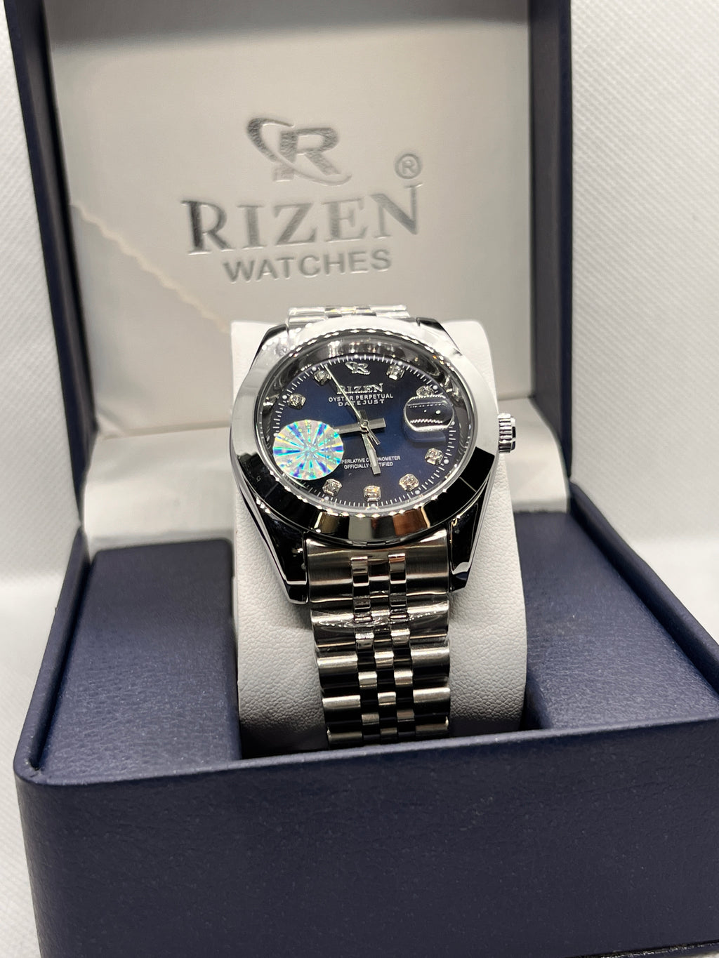 RIZ Stainless Steel Stone-Set Date Quartz Men's Watch
