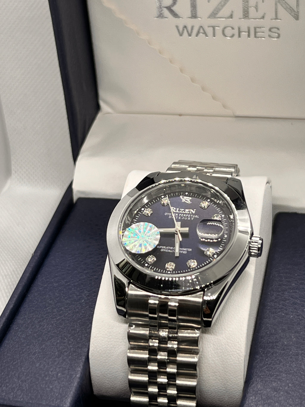 RIZ Stainless Steel Stone-Set Date Quartz Men's Watch