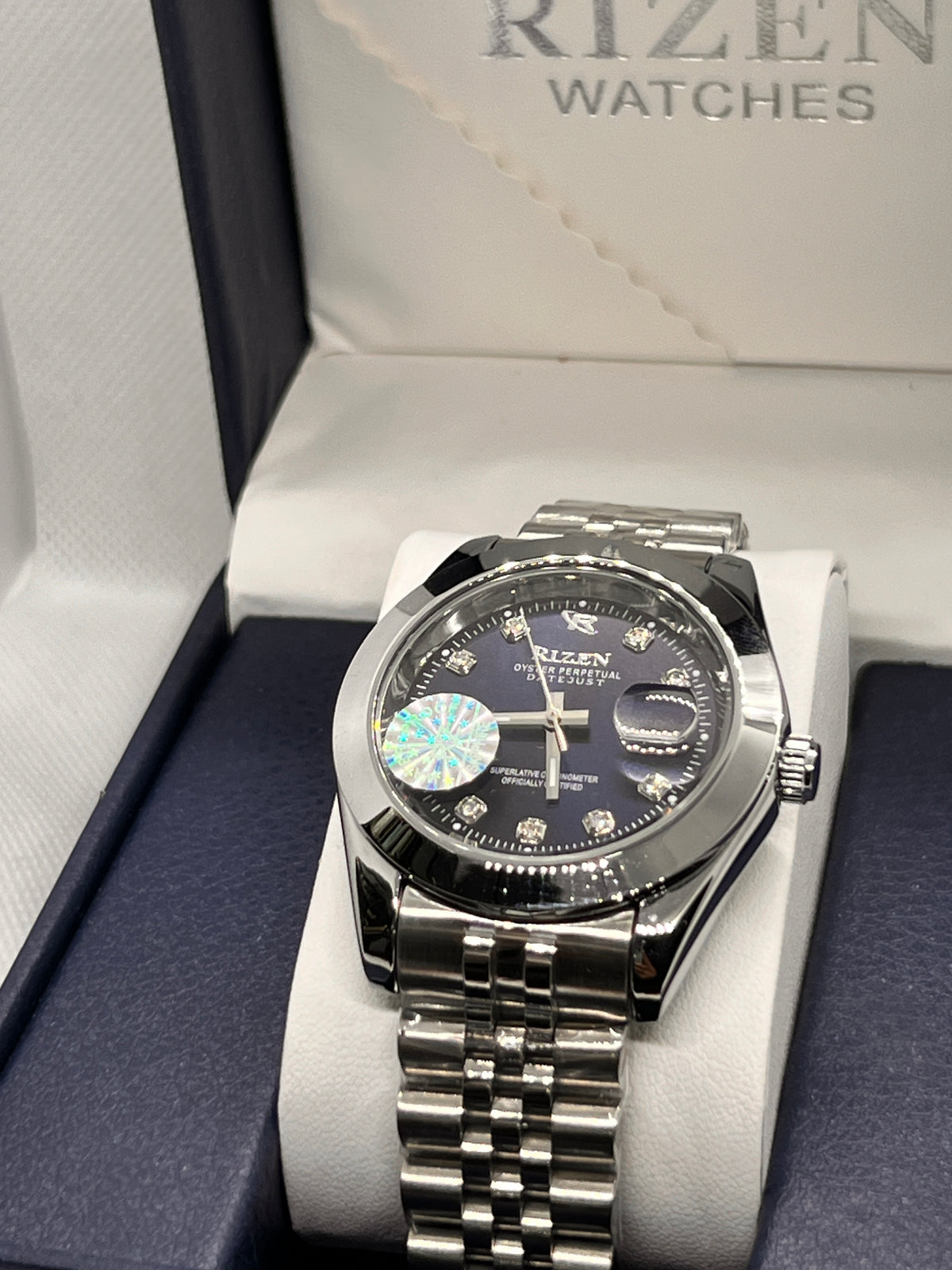 RIZ Stainless Steel Stone-Set Date Quartz Men's Watch