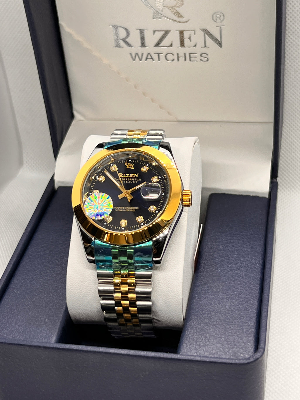 RIZ Two-Tone Gold Steel Stone-Set Date Men's Watch