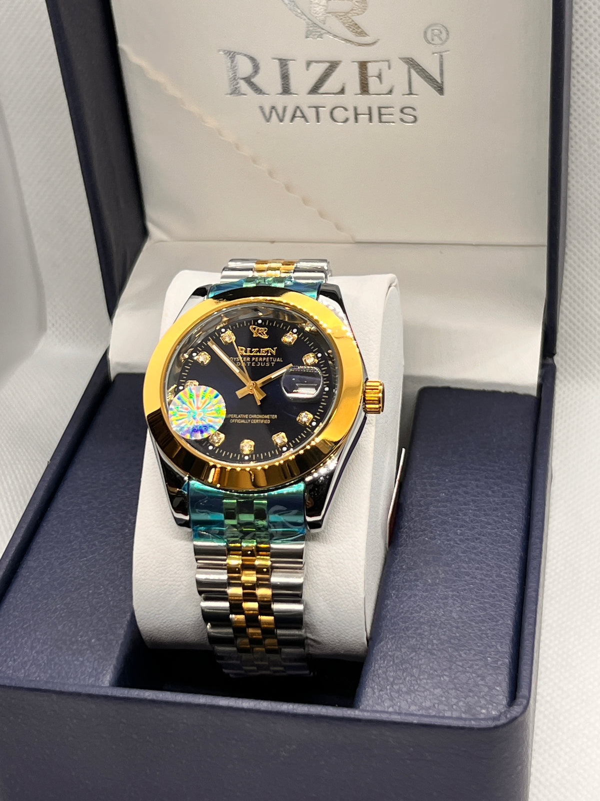 RIZ Two-Tone Gold Steel Stone-Set Date Men's Watch