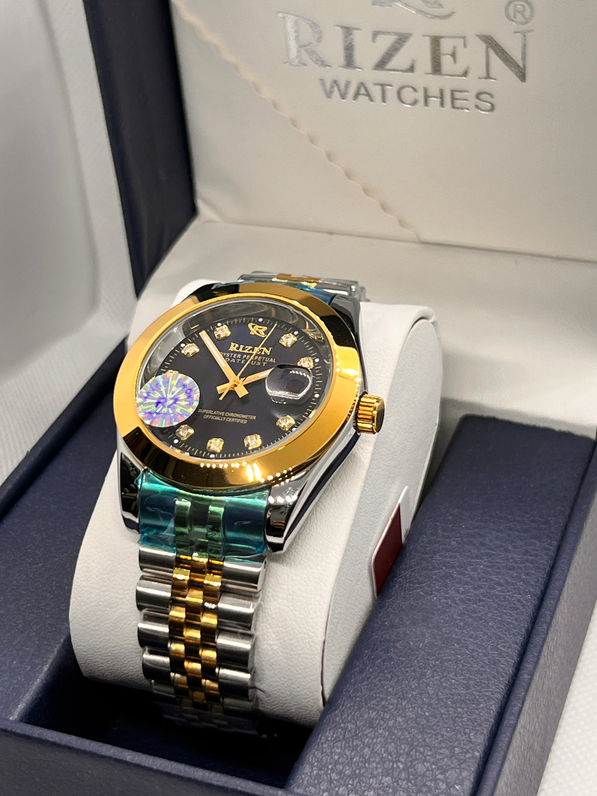 RIZ Two-Tone Gold Steel Stone-Set Date Men's Watch