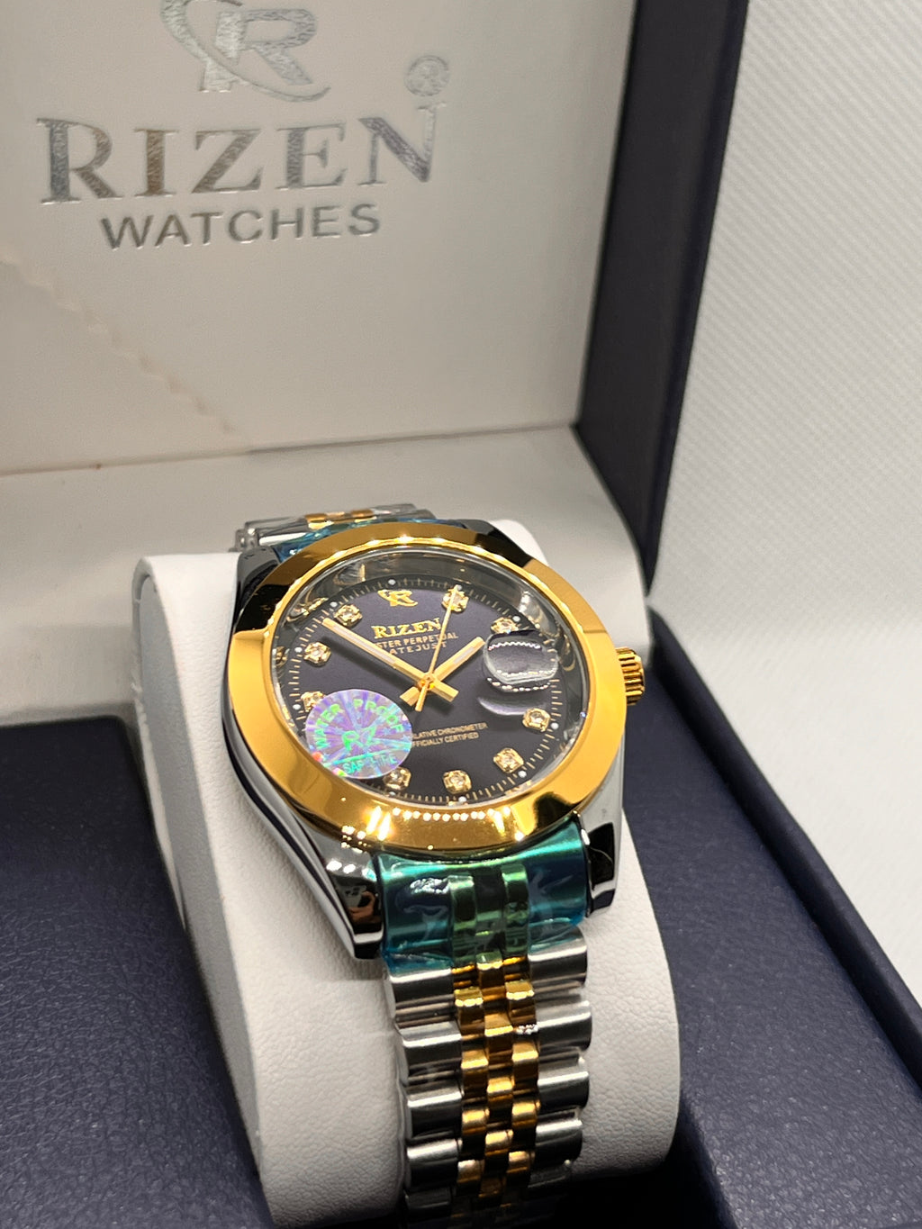 RIZ Two-Tone Gold Steel Stone-Set Date Men's Watch