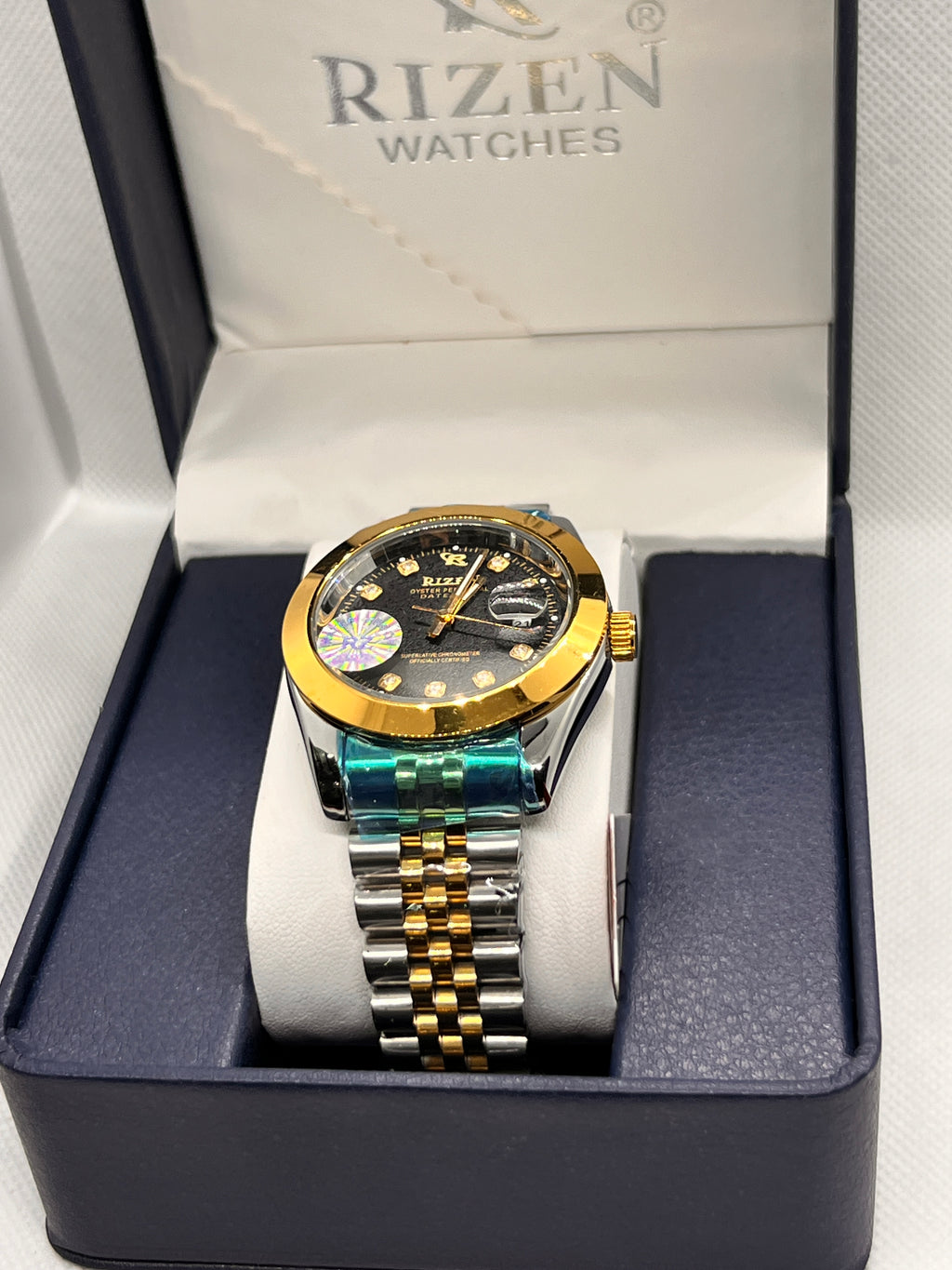 RIZ Two-Tone Gold Steel Stone-Set Date Men's Watch