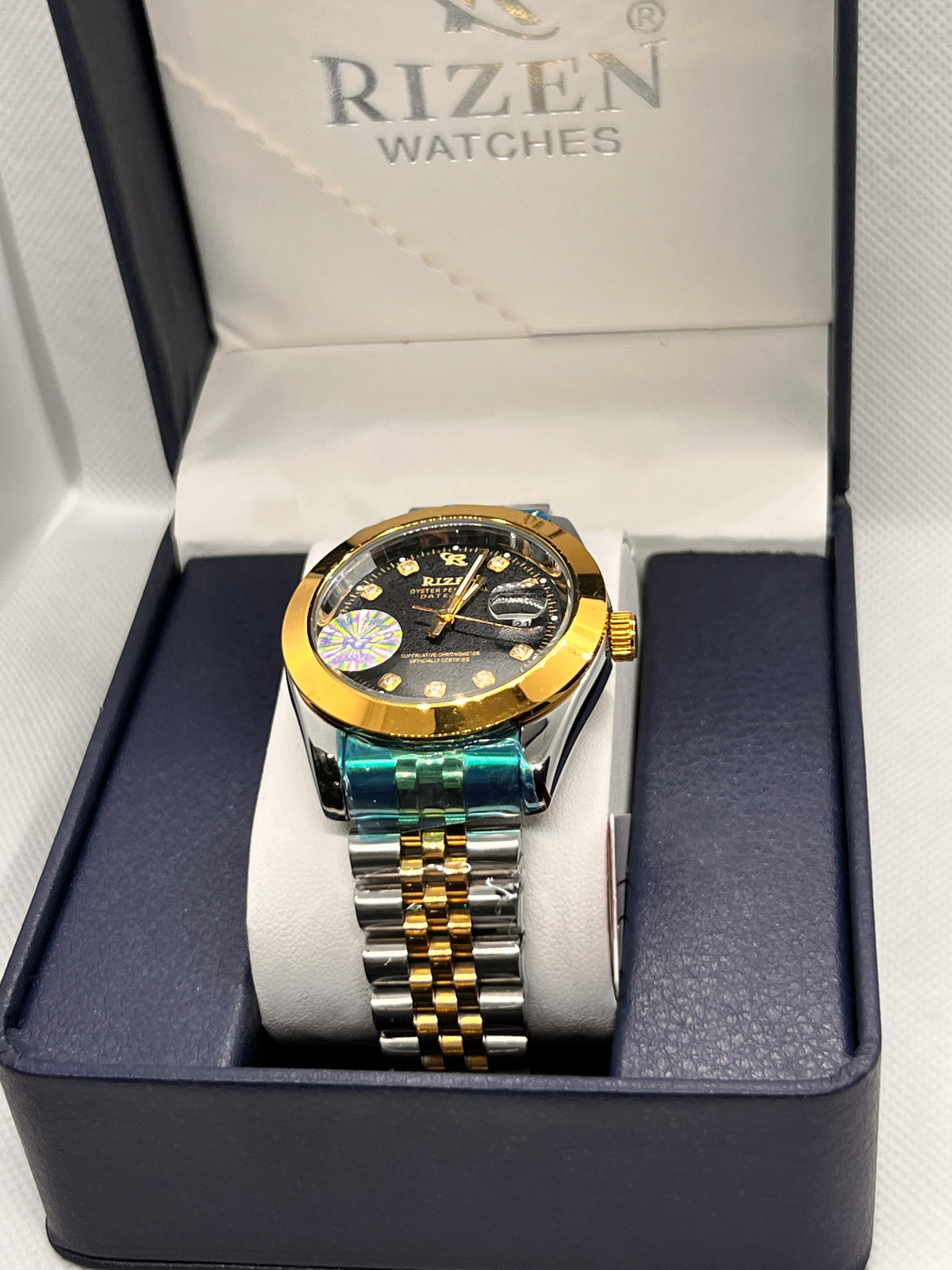 RIZ Two-Tone Gold Steel Stone-Set Date Men's Watch