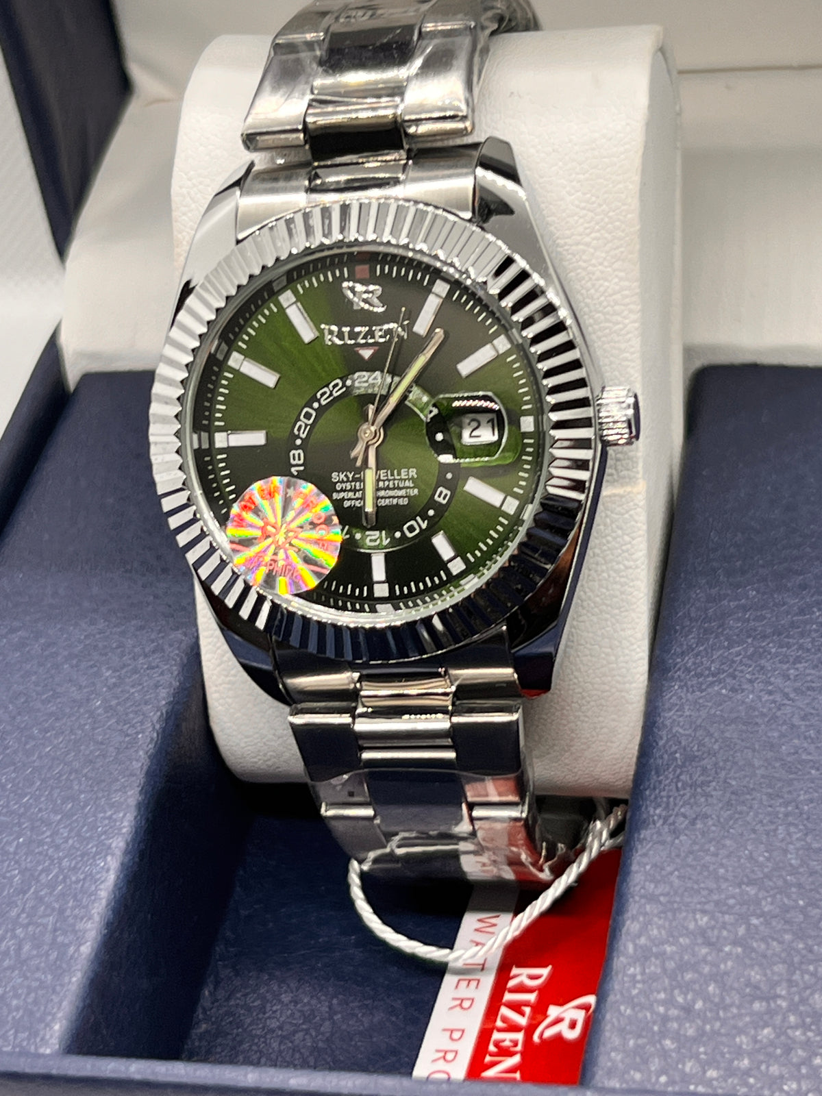 RIZ Steel Green Dial Fluted Bezel Date Men's Watch