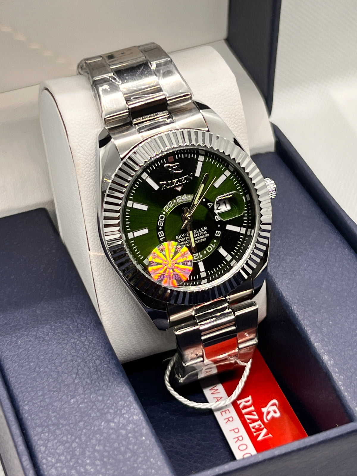RIZ Steel Green Dial Fluted Bezel Date Men's Watch