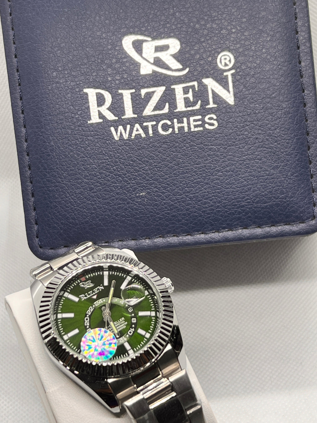 RIZ Steel Green Dial Fluted Bezel Date Men's Watch
