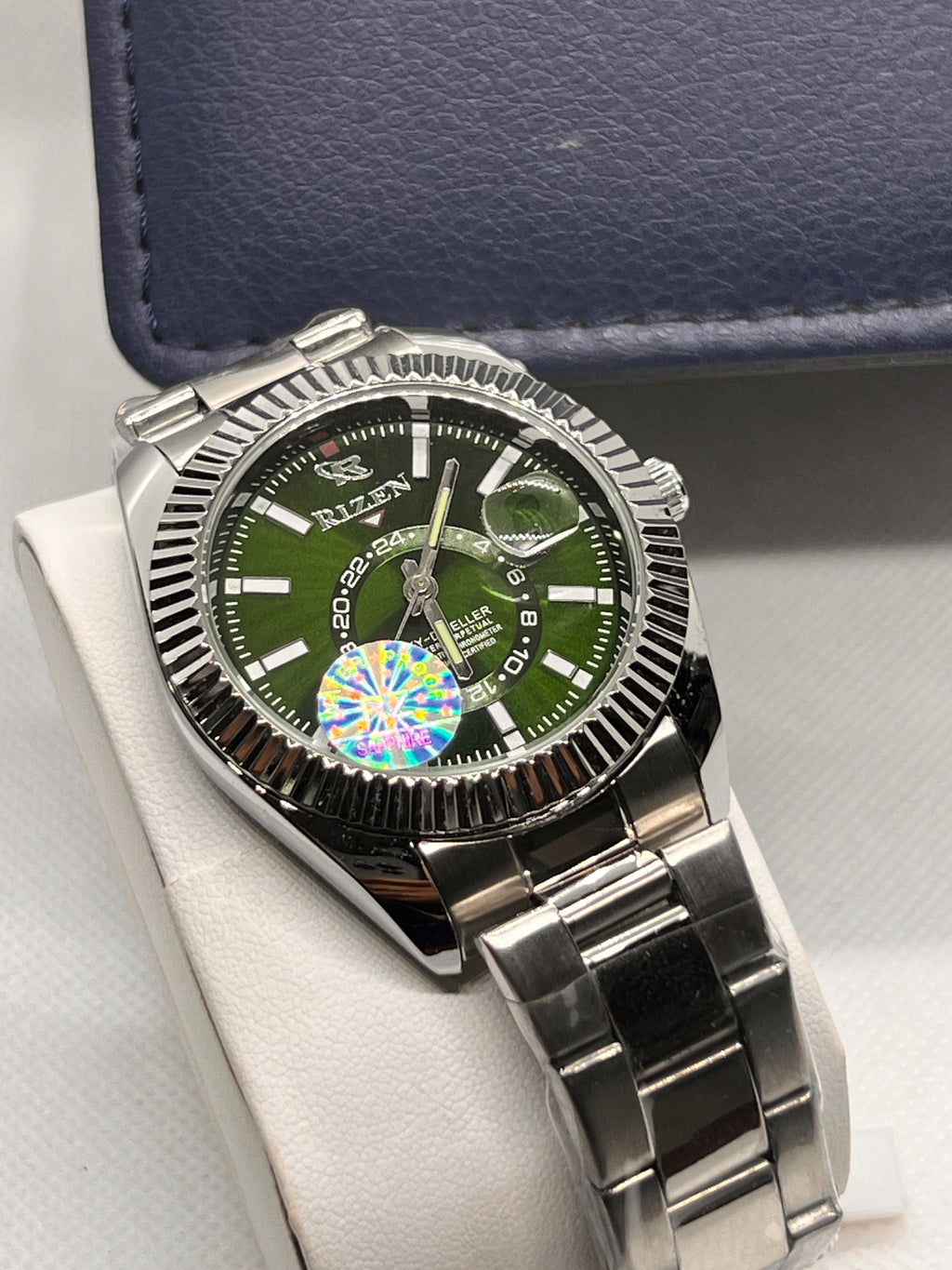 RIZ Steel Green Dial Fluted Bezel Date Men's Watch