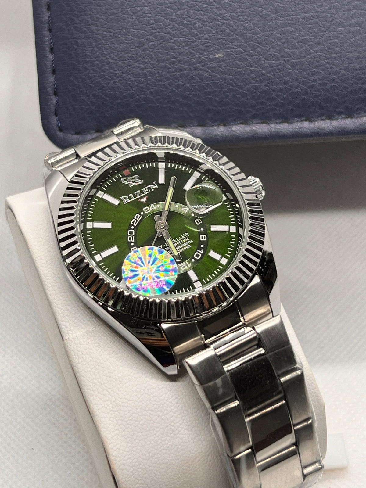 RIZ Steel Green Dial Fluted Bezel Date Men's Watch