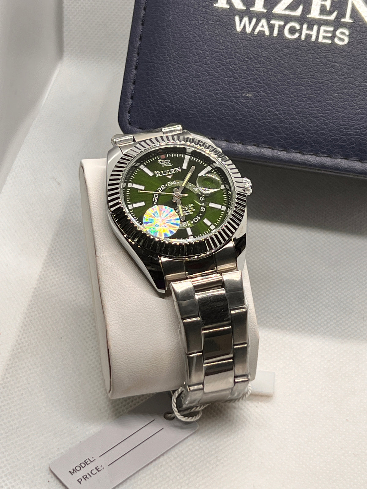 RIZ Steel Green Dial Fluted Bezel Date Men's Watch