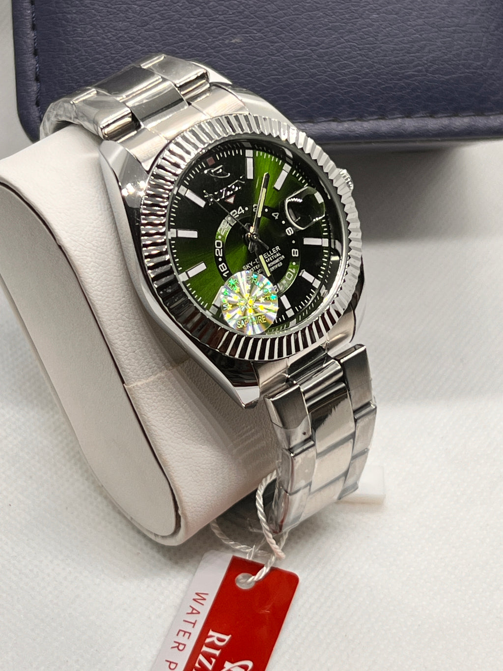 RIZ Steel Green Dial Fluted Bezel Date Men's Watch