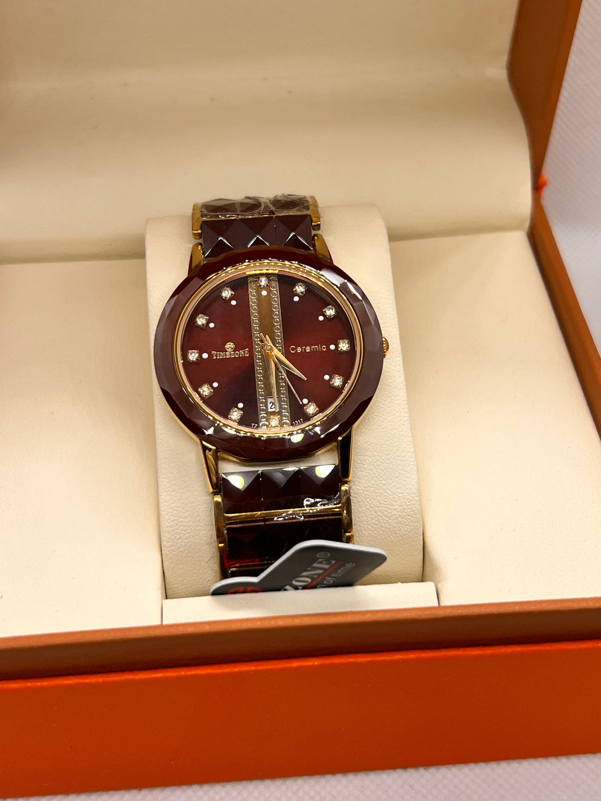 TMZ Ceramic Gold Faceted Stone-Set Date Men's Watch
