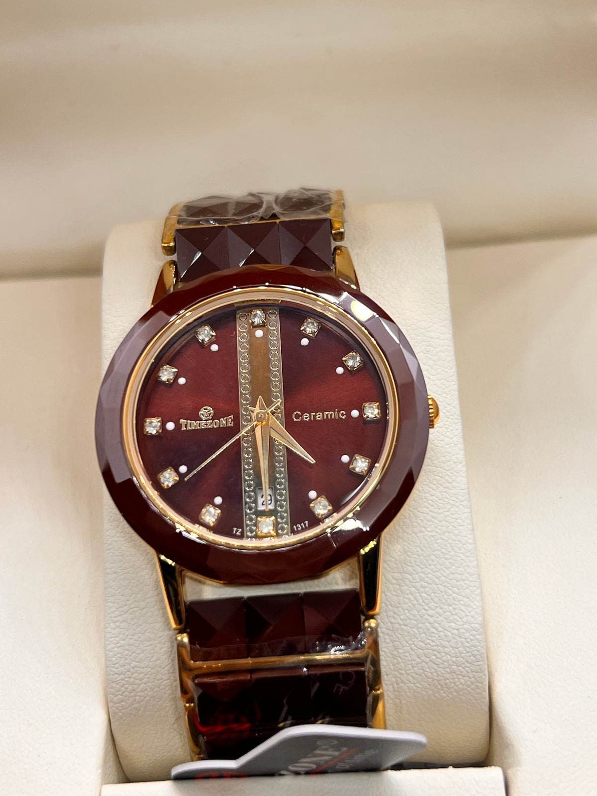 TMZ Ceramic Gold Faceted Stone-Set Date Men's Watch