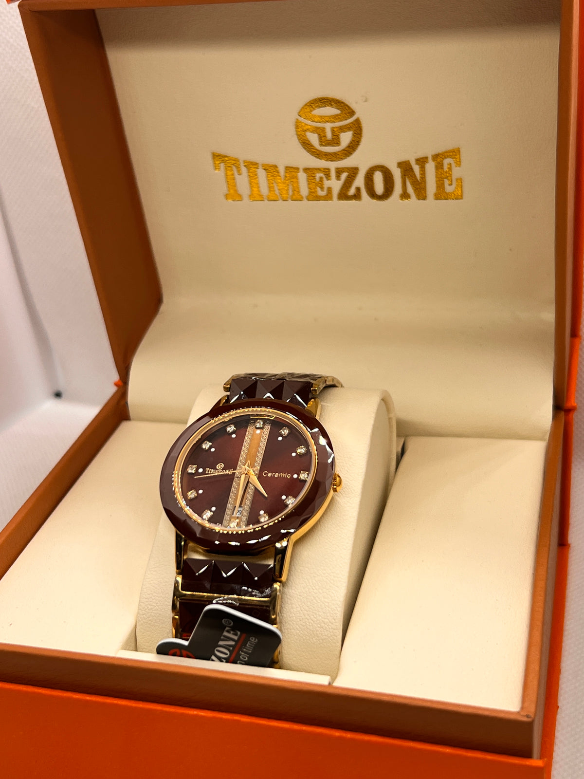 TMZ Ceramic Gold Faceted Stone-Set Date Men's Watch