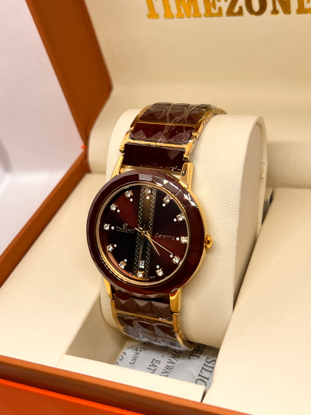 TMZ Ceramic Gold Faceted Stone-Set Date Men's Watch